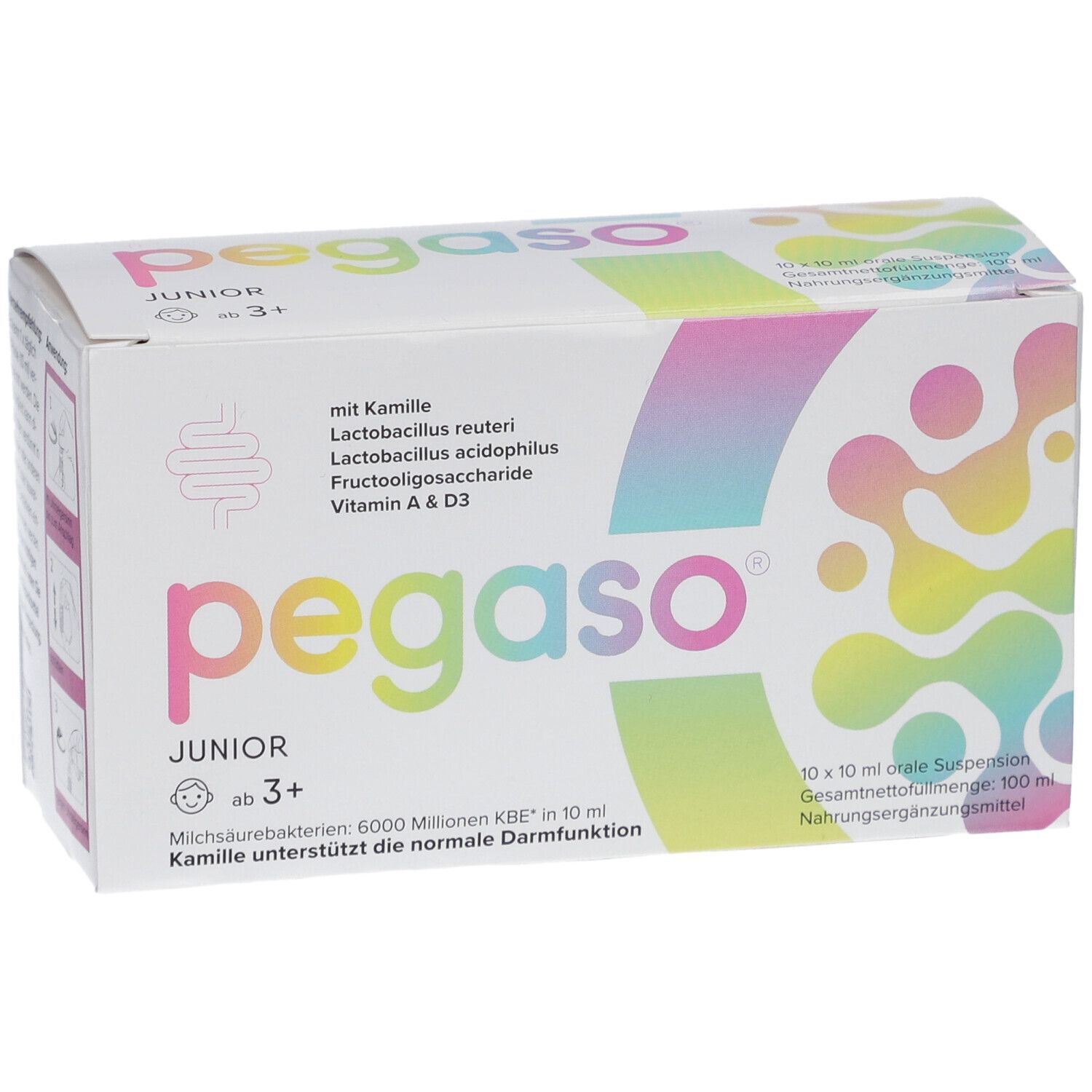 Karton mit pegaso JUNIOR. Enthält Kamille, Milchsäurebakterien, Vitamin A & D3. Ab 3+. 10x10ml orale Suspension.
