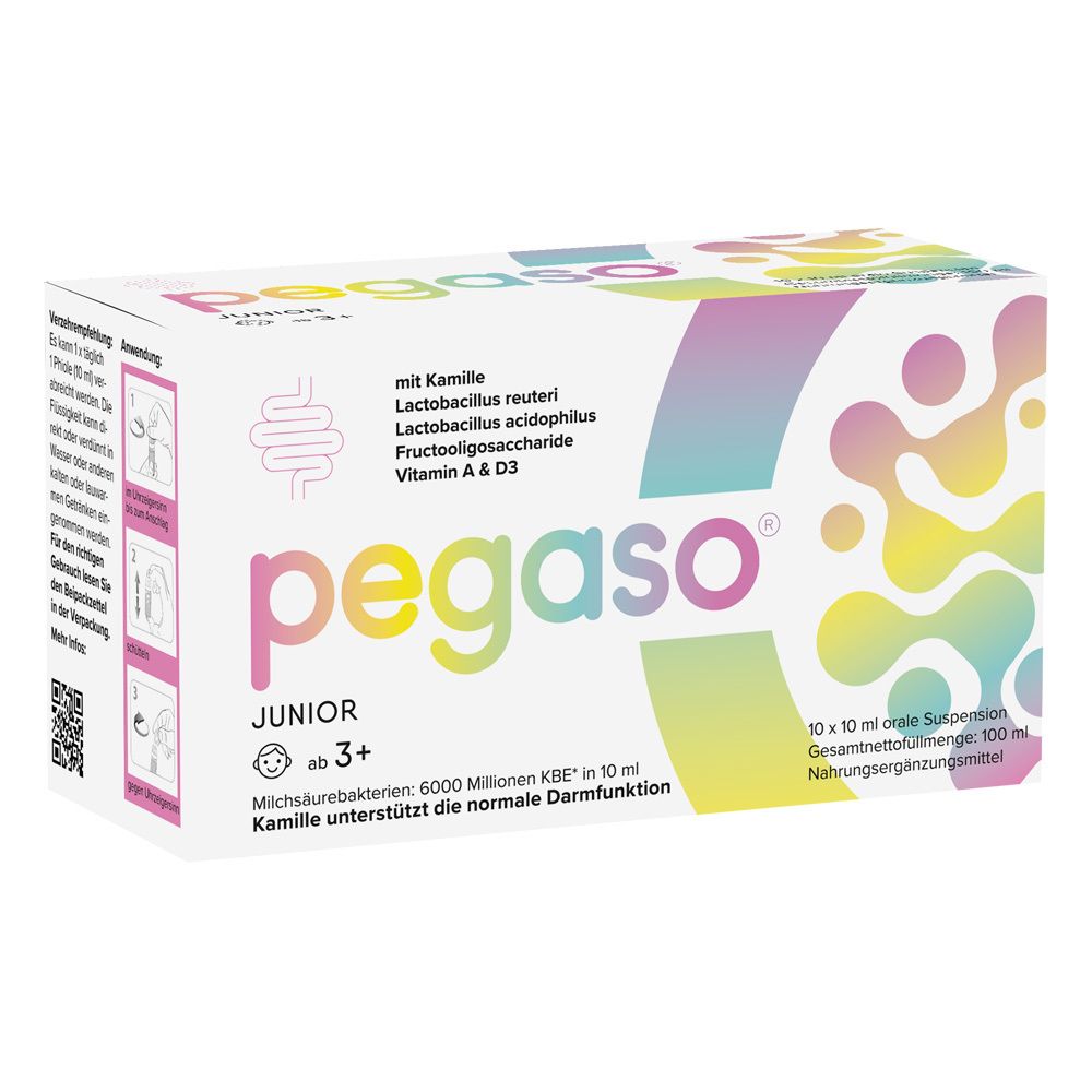Verpackung von pegaso® Junior. Enthält Kamille, Milchsäurebakterien und Vitamine. Für Kinder ab 3 Jahren.