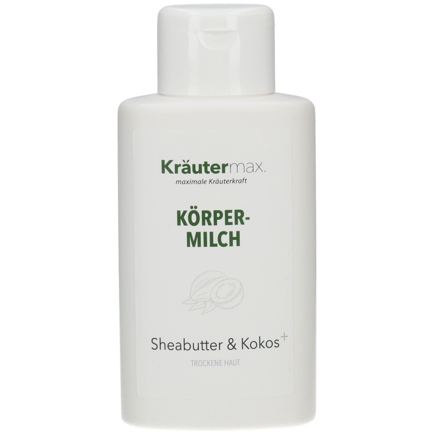 Weiße Flasche mit Klappverschluss. Aufschrift: Kräutermax, KÖRPERMILCH, Sheabutter & Kokos. Trockene Haut.