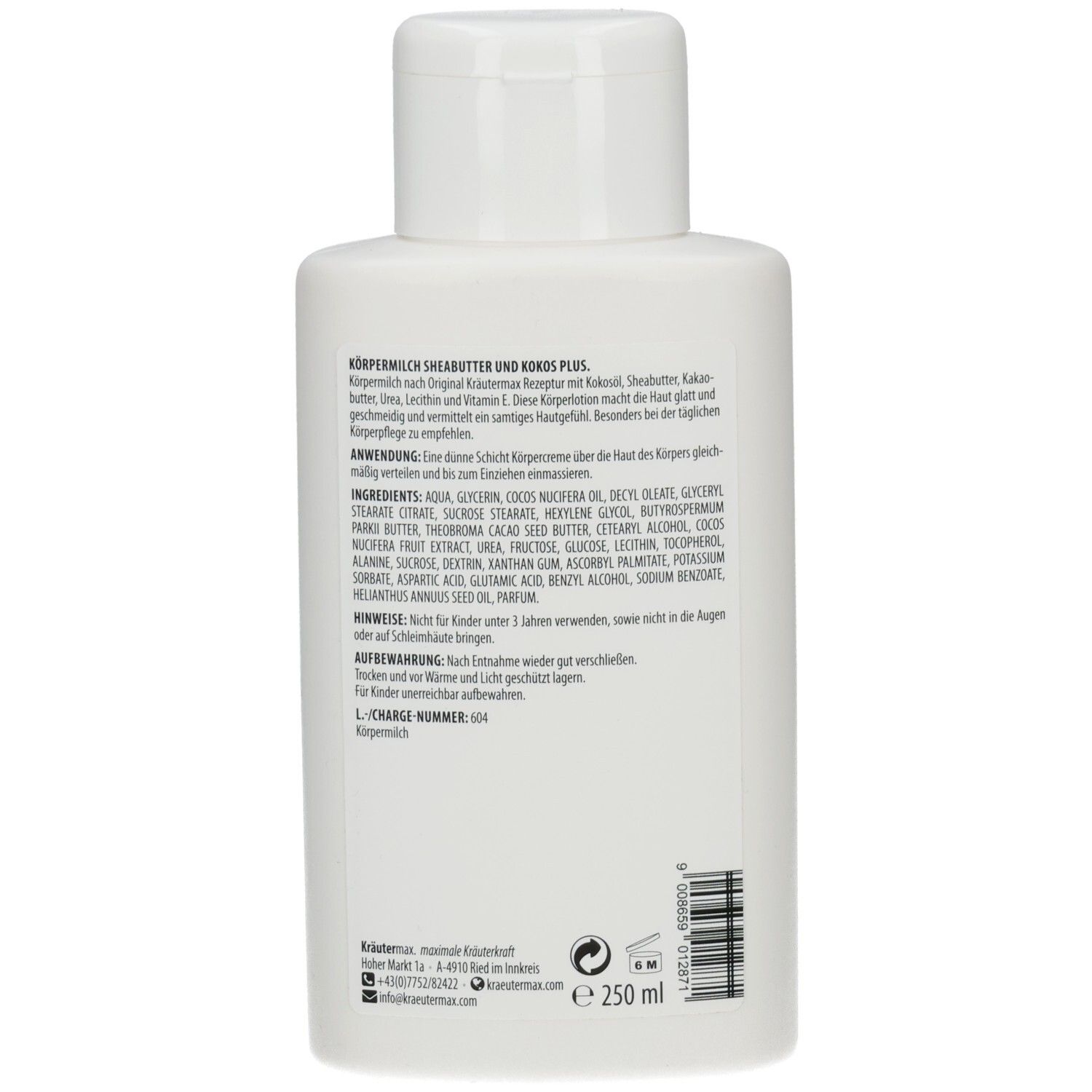 Rückseite der weißen Flasche. Text: Inhaltsstoffe, Anwendung, Hinweise. Volumen: 250 ml. Herstellerinformationen und Chargennummer.