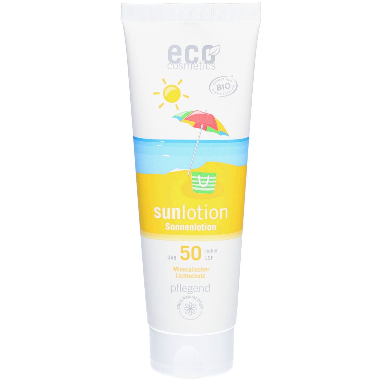 Weiße Tube mit Sonnenlotion. Aufdruck: Sonne, Strand, Sonnenschirm, "sunlotion", LSF 50, "pflegend". Marke: eco cosmetics.