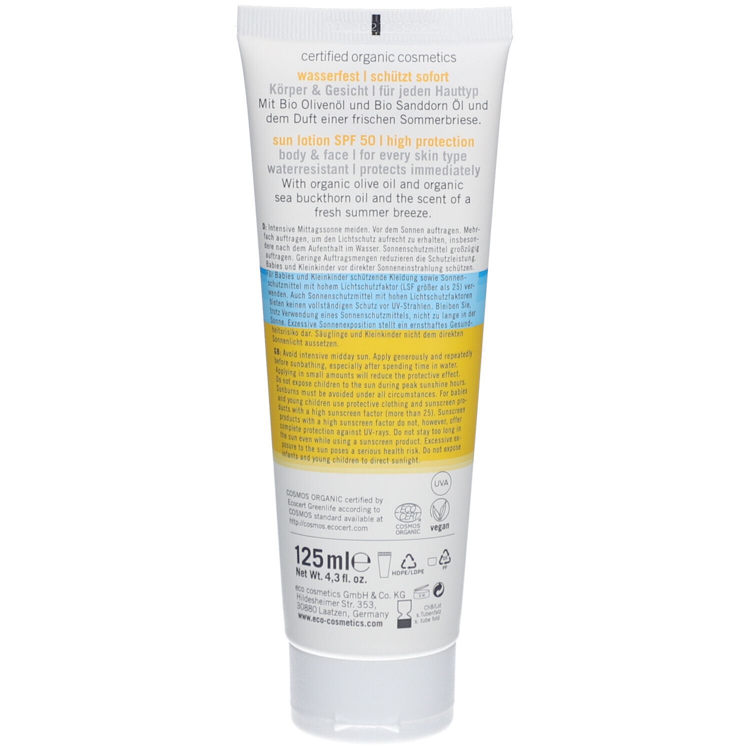 Rückseite einer Tube Sonnenlotion. Text: "certified organic cosmetics", Inhaltsstoffe, Zertifizierungen, "125ml". Marke: eco cosmetics.