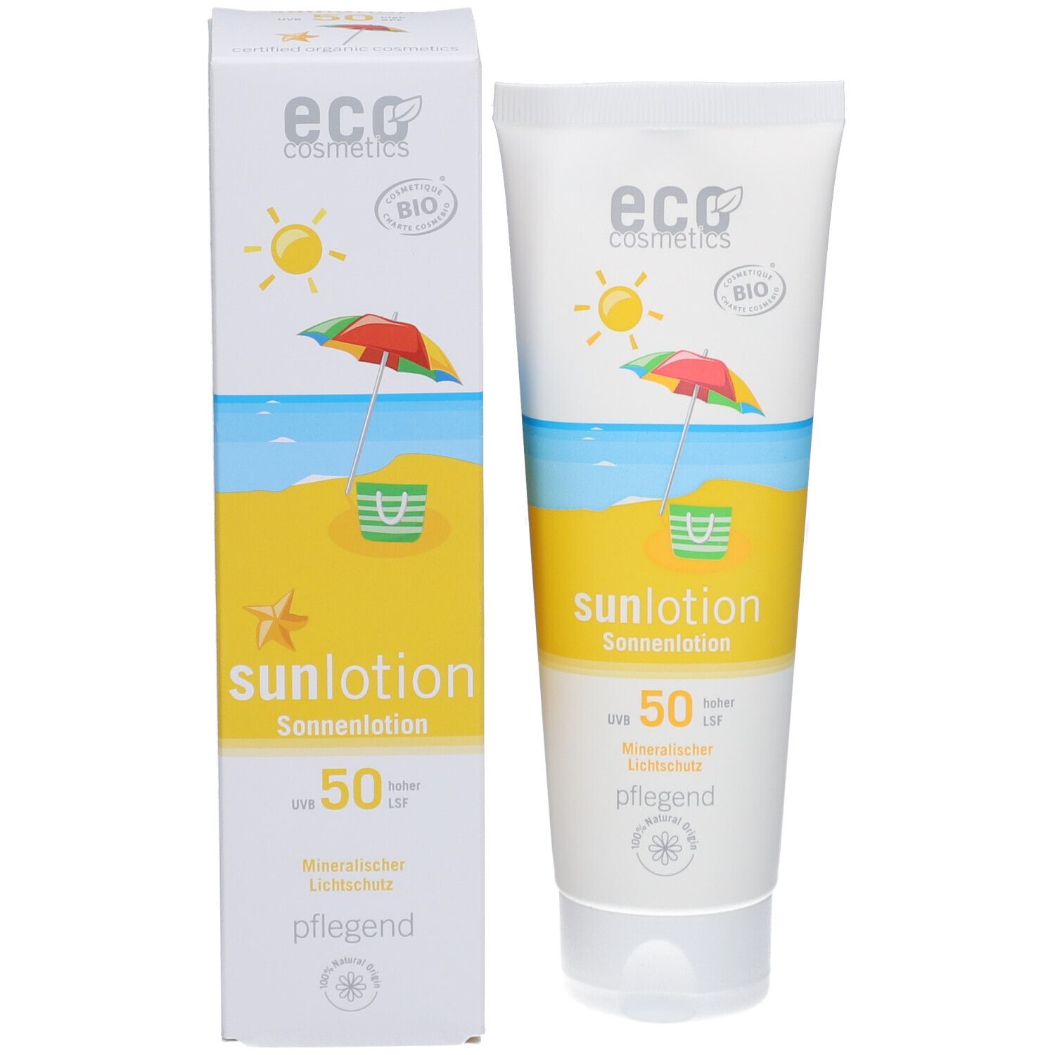Sonnenlotion-Tube und Karton. Tube: Sonne, Strand, Sonnenschirm, "sunlotion", LSF 50. Karton: "sunlotion", LSF 50, Marke: eco cosmetics.