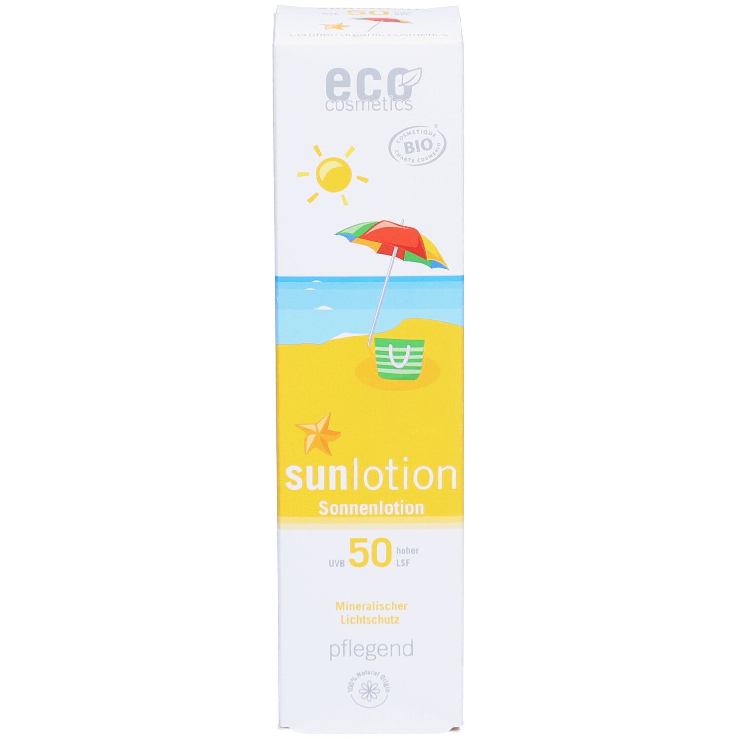 Karton mit Sonnenlotion. Aufdruck: Sonne, Strand, Sonnenschirm, "sunlotion", LSF 50, Marke: eco cosmetics.