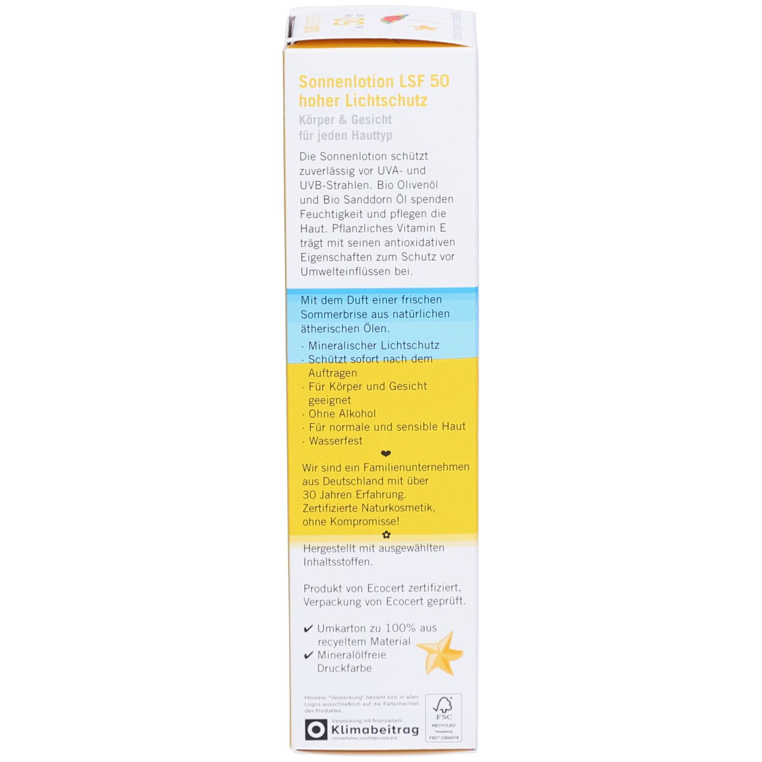 Kartonrückseite mit Text. Text: Sonnenlotion LSF 50, Inhaltsstoffe, Zertifizierungen, "ohne Kompromisse". Marke: eco cosmetics.