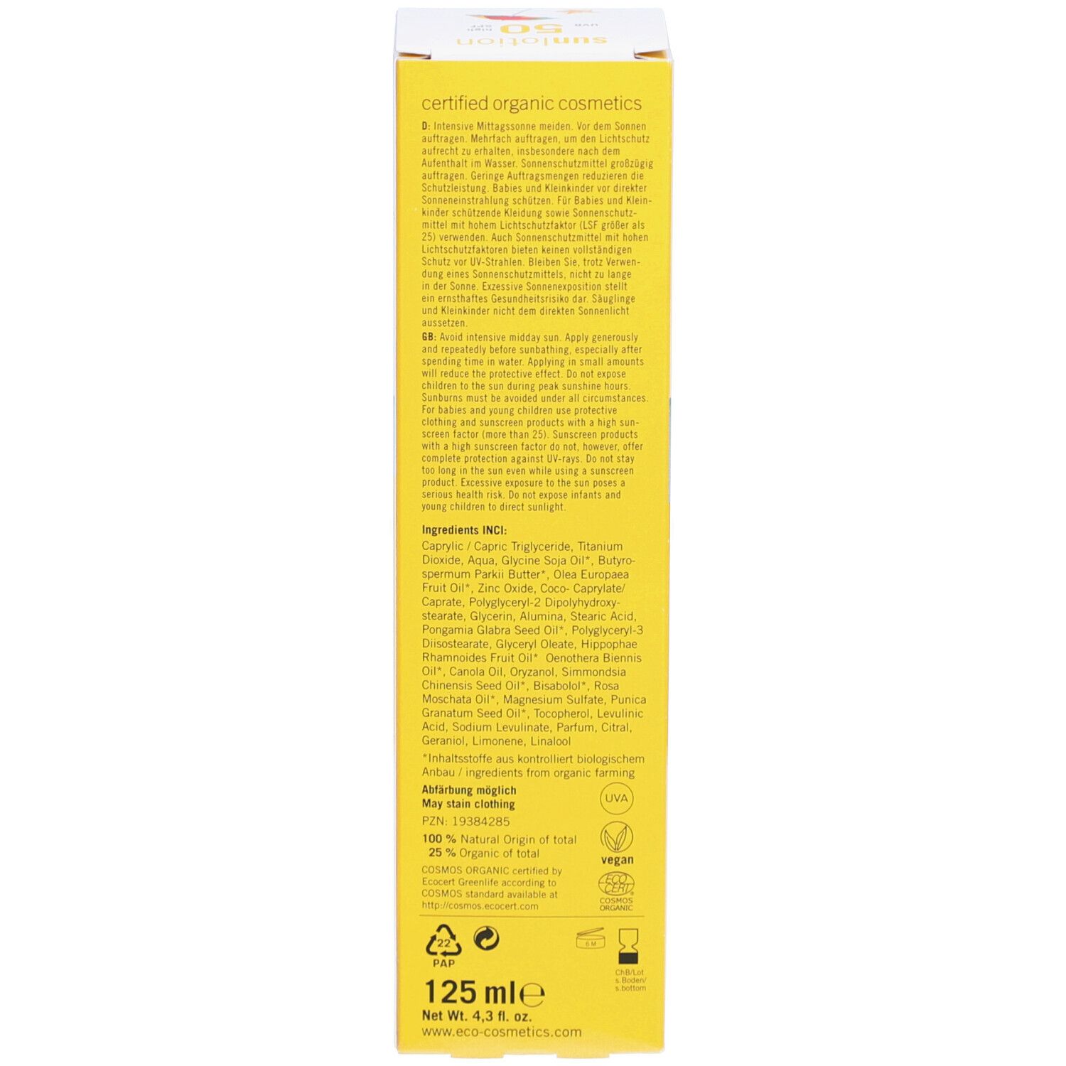 Rückseite des Kartons mit Text. Text: Inhaltsstoffe, Zertifizierungen, "125 ml", Marke: eco cosmetics.