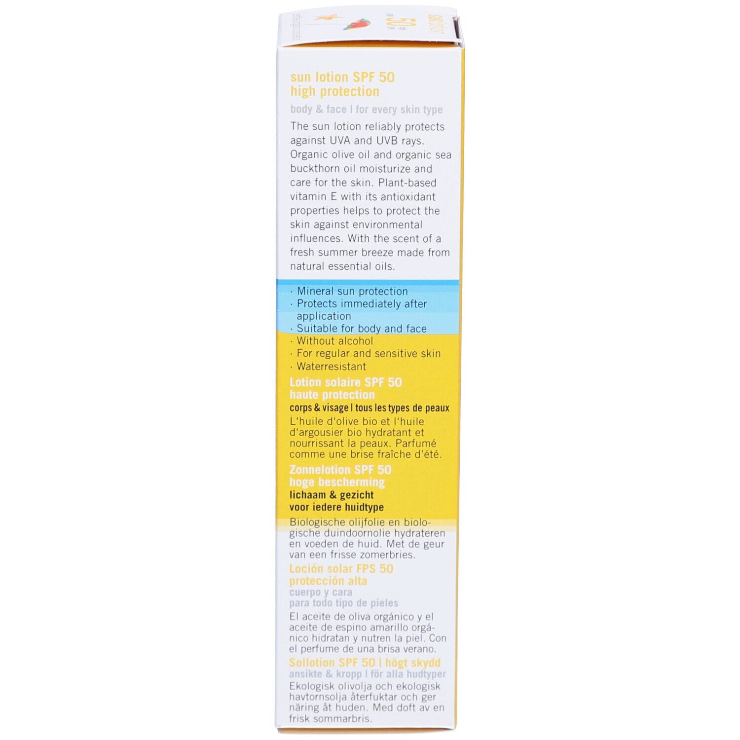Rückseite des Kartons mit Text. Text: Sonnenlotion LSF 50, Inhaltsstoffe, Anwendungshinweise. Marke: eco cosmetics.