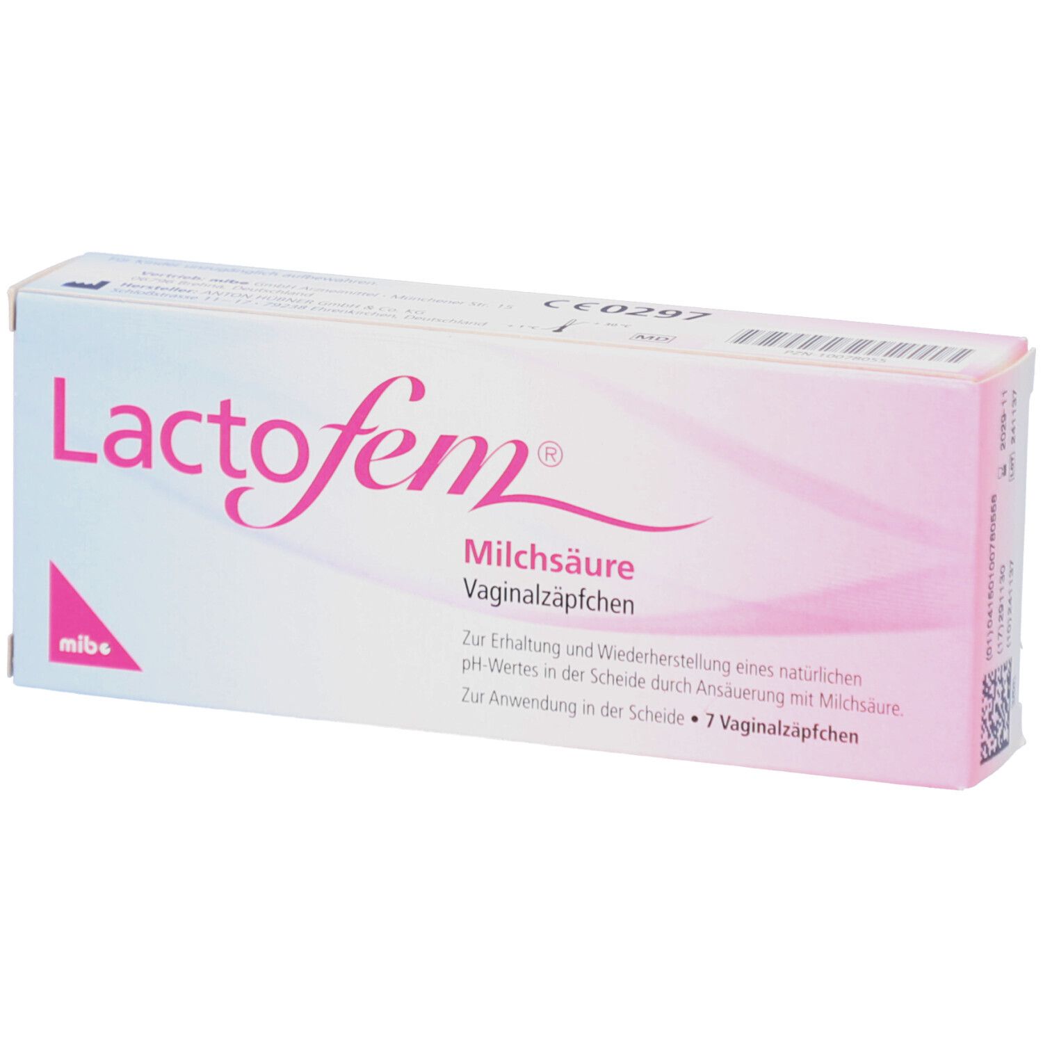 Verpackung von Lactofem® Milchsäure Vaginalzäpfchen. Weiß-rosa Schachtel mit Produktnamen und Beschreibung. 7 Zäpfchen.