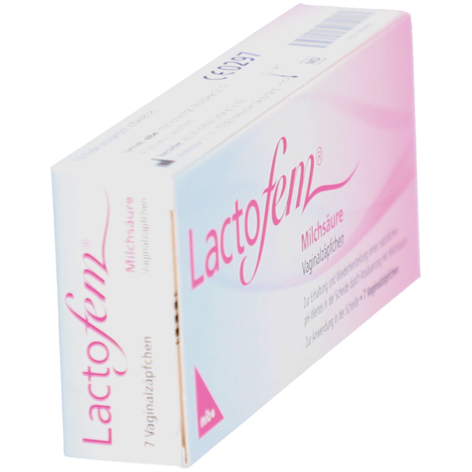 Schräg gestellte Verpackung von Lactofem® Milchsäure Vaginalzäpfchen. Weiß-rosa Schachtel mit Produktnamen und Beschreibung.
