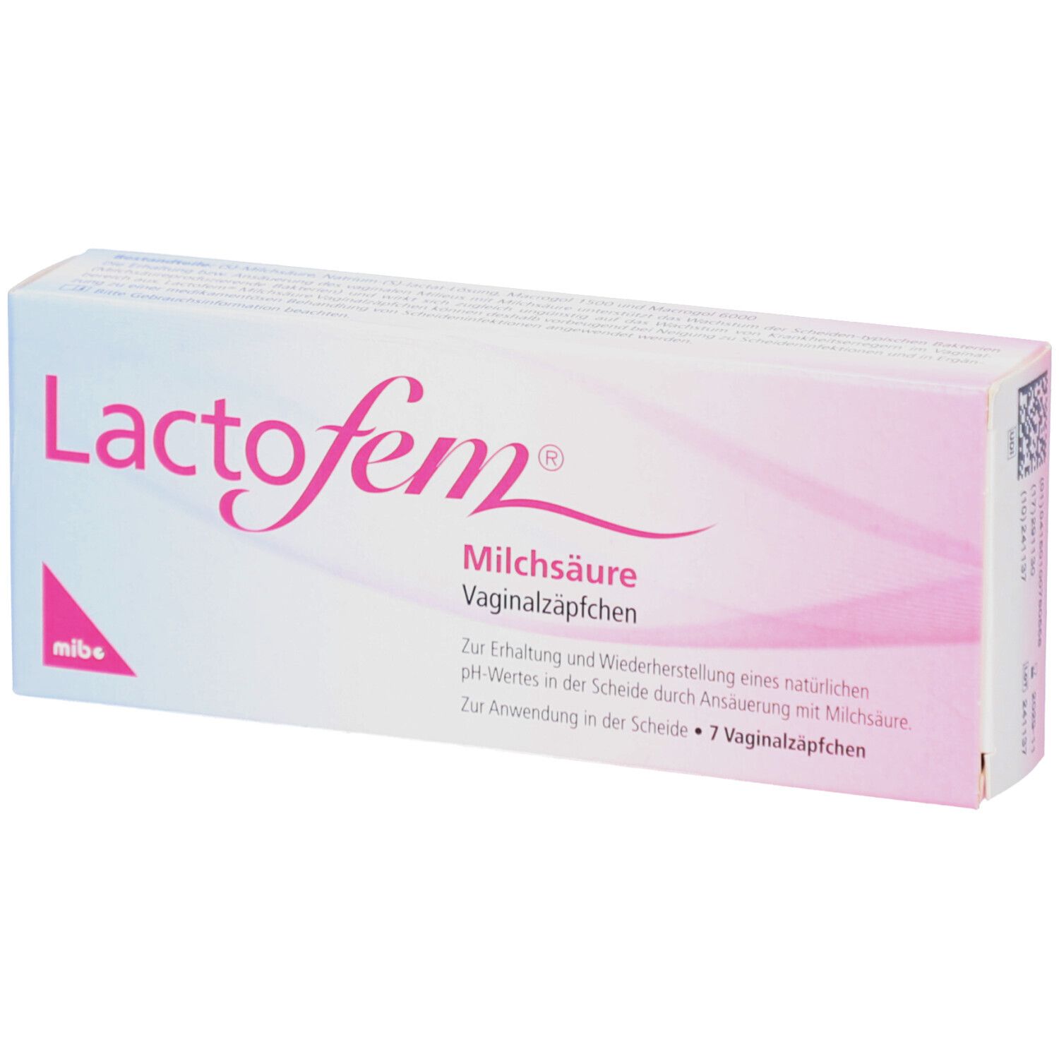 Verpackung von Lactofem® Milchsäure Vaginalzäpfchen. Weiß-rosa Schachtel mit Produktnamen und Beschreibung. 7 Zäpfchen.