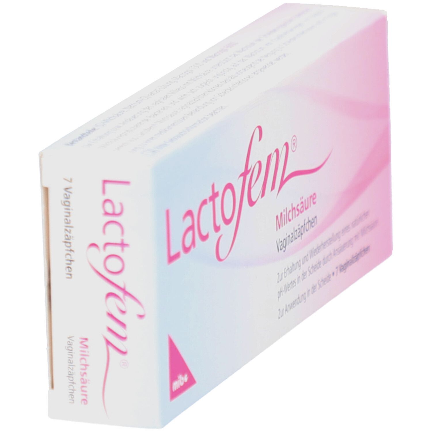 Schräg gestellte Verpackung von Lactofem® Milchsäure Vaginalzäpfchen. Weiß-rosa Schachtel mit Produktnamen und Beschreibung.