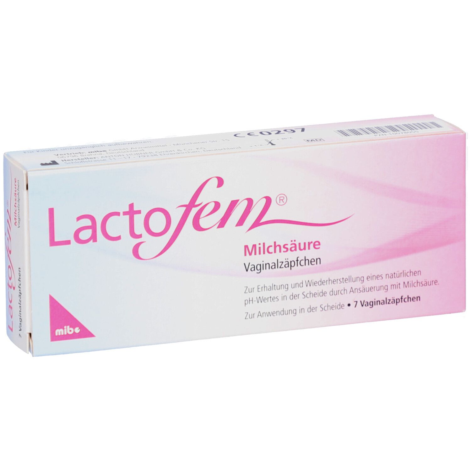 Verpackung von Lactofem® Milchsäure Vaginalzäpfchen. Weiß-rosa Schachtel mit Produktnamen und Beschreibung. 7 Zäpfchen.