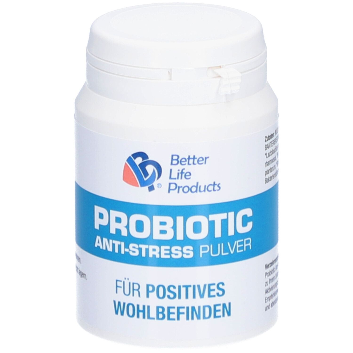 Weiße Dose mit blauem Etikett. Text: Probiotic Anti-Stress Pulver. Für positives Wohlbefinden. Better Life Products Logo.