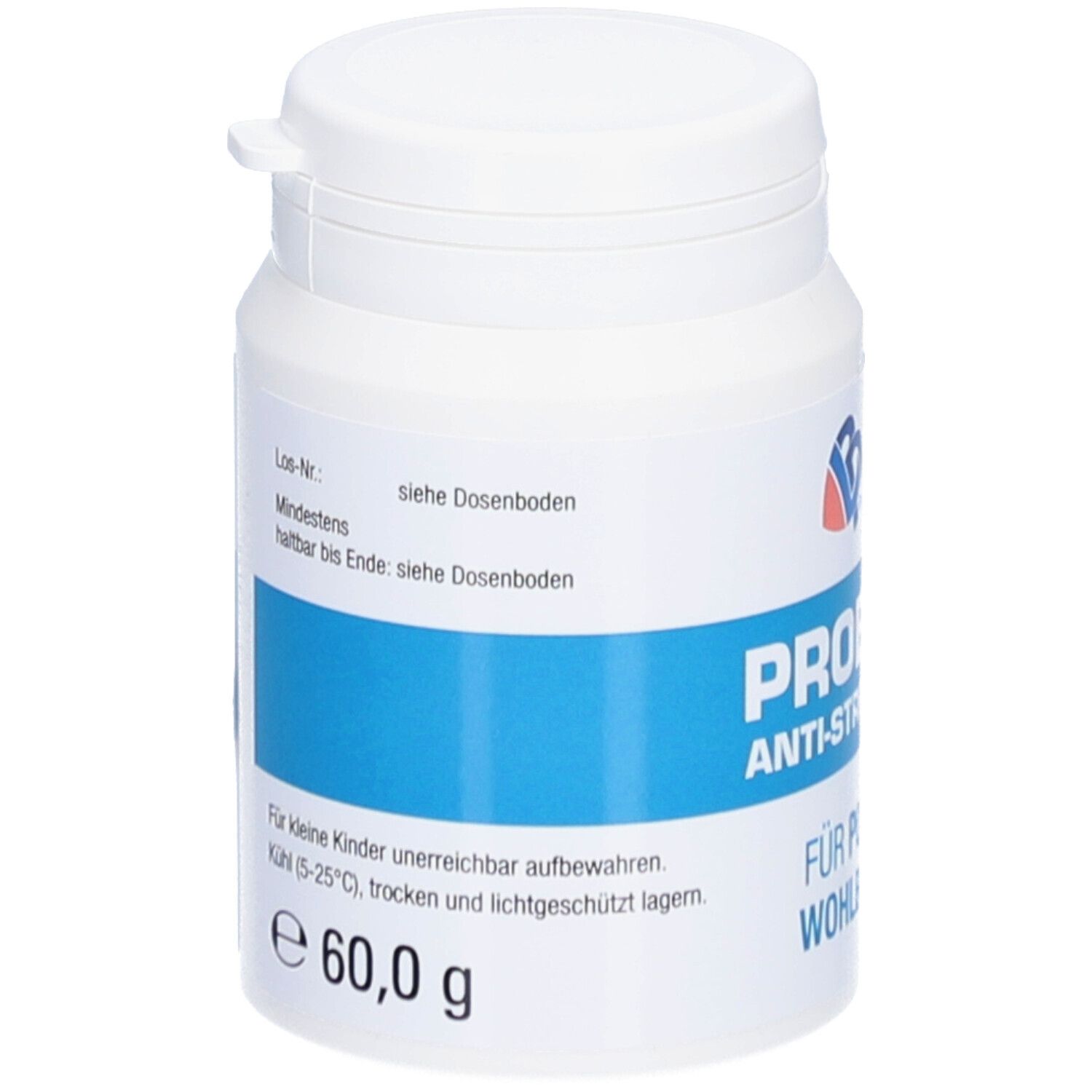 Weiße Dose mit blauem Etikett. Text: Probiotic Anti-Stress Pulver. 60,0 g. Better Life Products Logo.