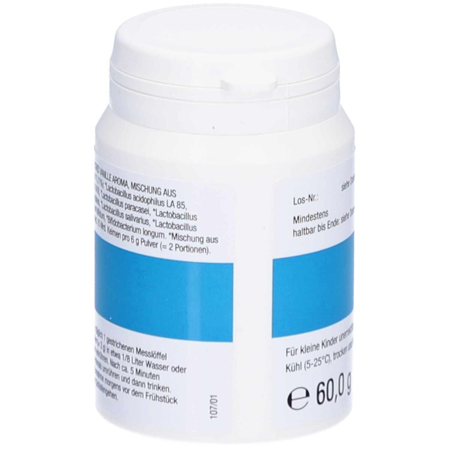 Weiße Dose mit blauem Etikett. Text: Probiotic Anti-Stress Pulver. 60,0 g. Zutatenliste. Better Life Products Logo.