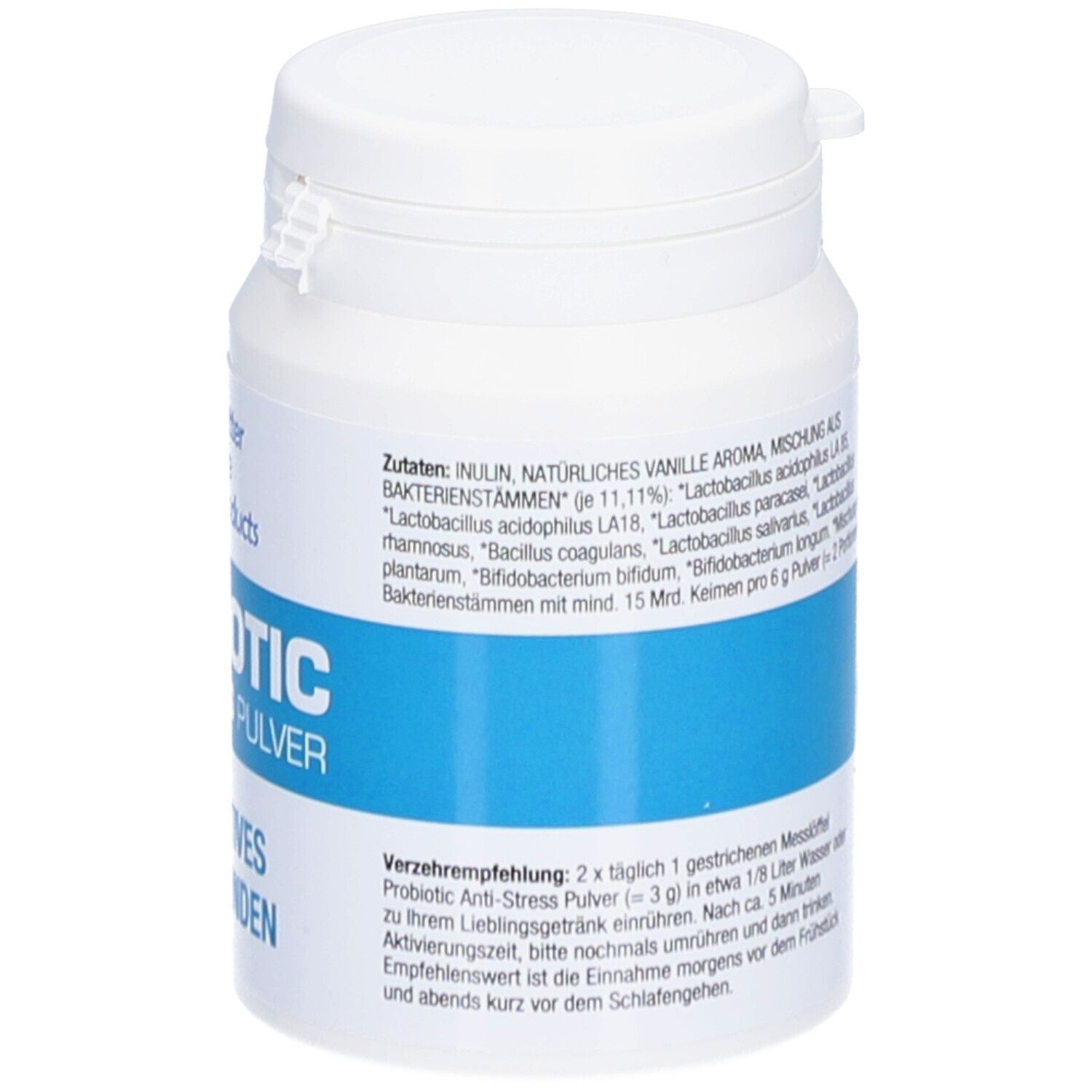 Weiße Dose mit blauem Etikett. Text: Probiotic Anti-Stress Pulver. Zutatenliste. Verzehrempfehlung. Better Life Products Logo.