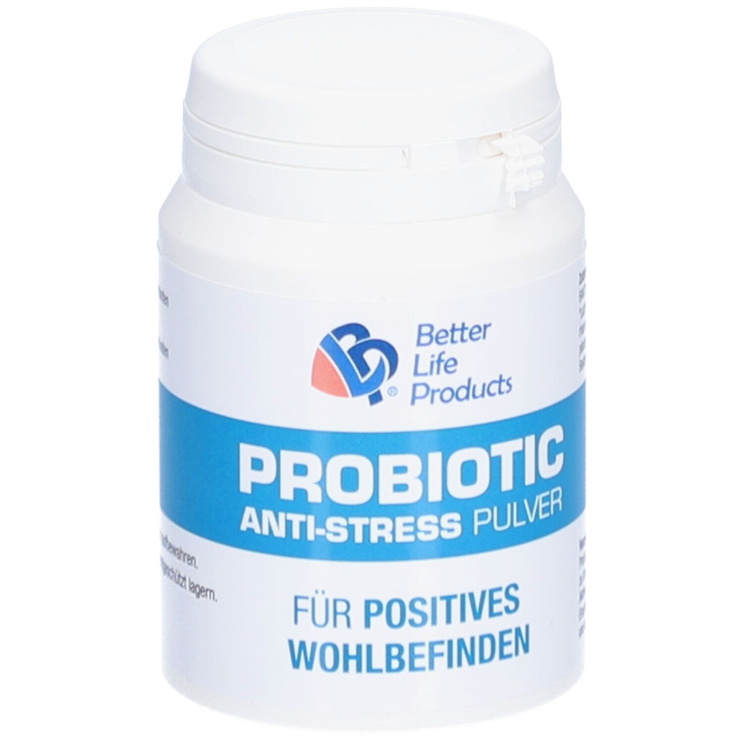 Weiße Dose mit blauem Etikett. Text: Probiotic Anti-Stress Pulver. Für positives Wohlbefinden. Better Life Products Logo.