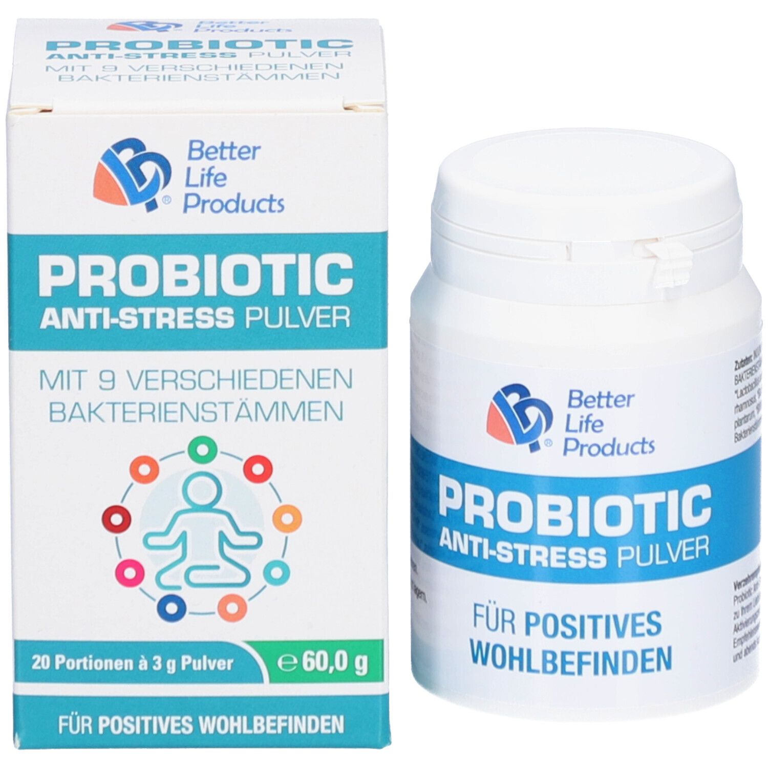 Produktpackung mit Dose und Schachtel. Text: Probiotic Anti-Stress Pulver. 9 Bakterienstämme. 20 Portionen. Better Life Products Logo.