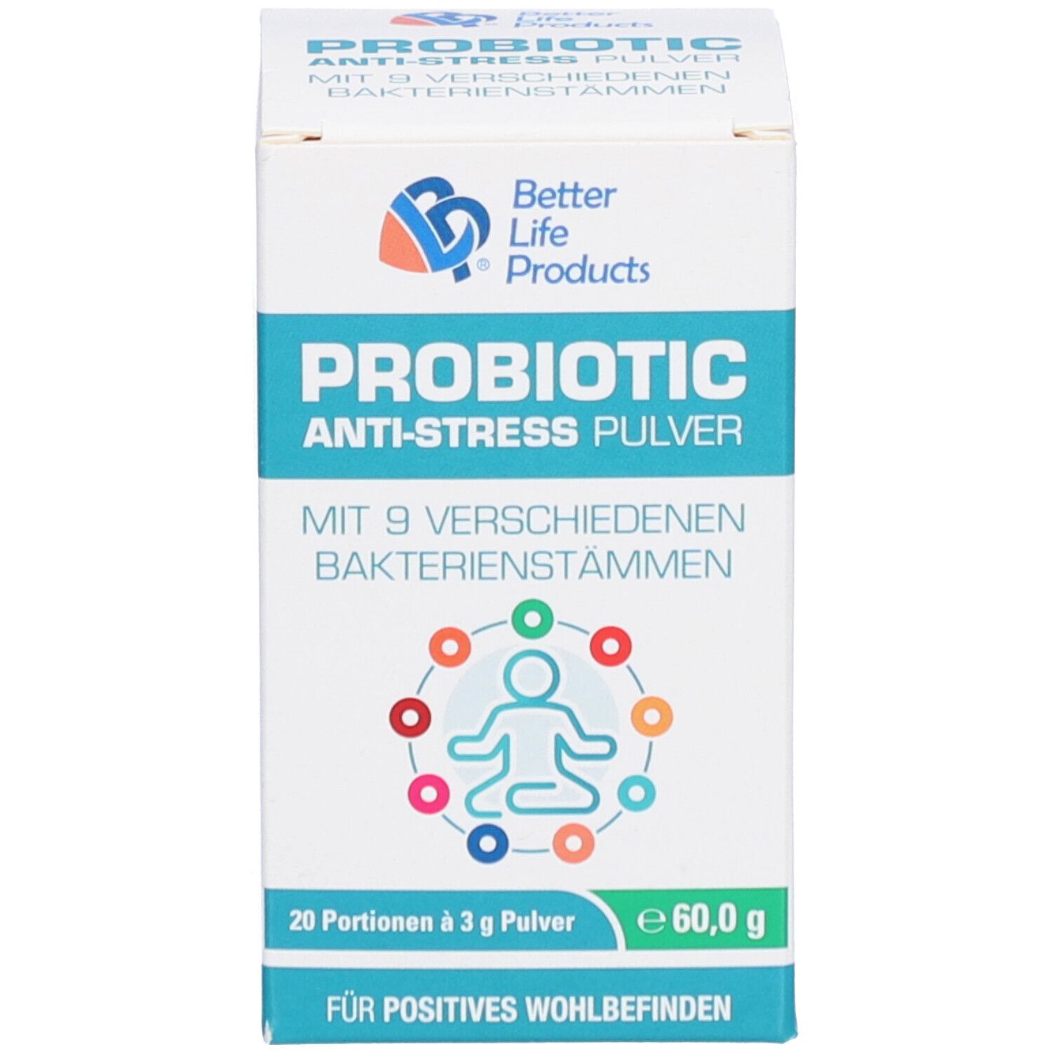 Produktpackung mit Schachtel. Text: Probiotic Anti-Stress Pulver. 9 Bakterienstämme. 20 Portionen. Better Life Products Logo.