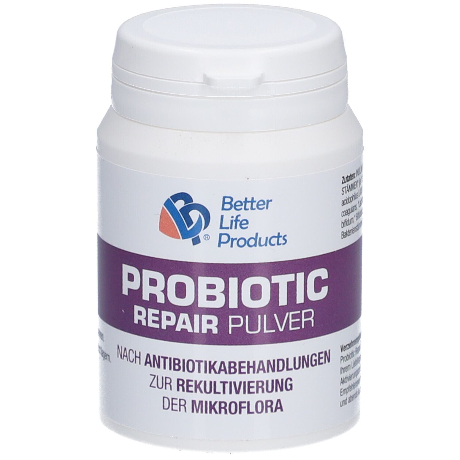 Weiße Dose mit Deckel. Aufschrift: Better Life Products, PROBIOTIC REPAIR PULVER. Lila Band mit Text.