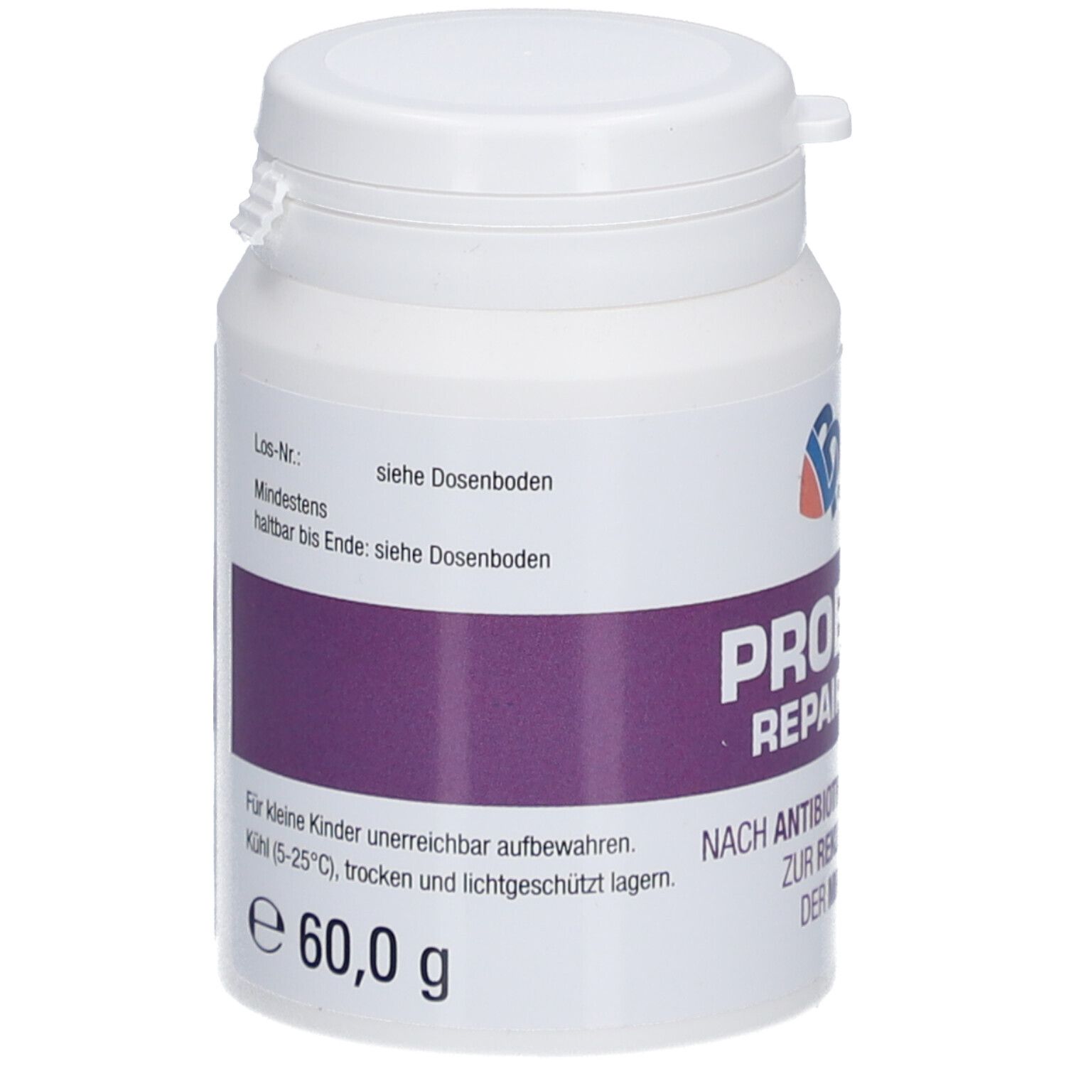 Weiße Dose mit Deckel. Aufschrift: Better Life Products, PROBIOTIC REPAIR PULVER. Lila Band mit Text. 60,0 g.
