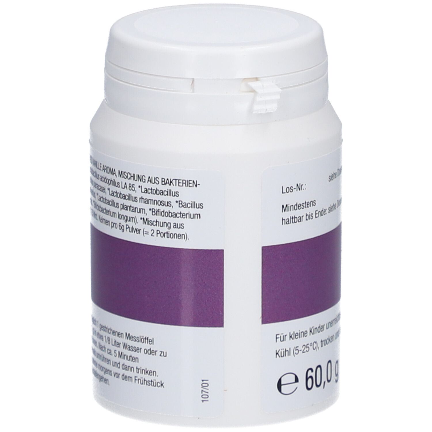 Weiße Dose mit Deckel. Aufschrift: Better Life Products, PROBIOTIC REPAIR PULVER. Lila Band mit Text. 60,0 g.