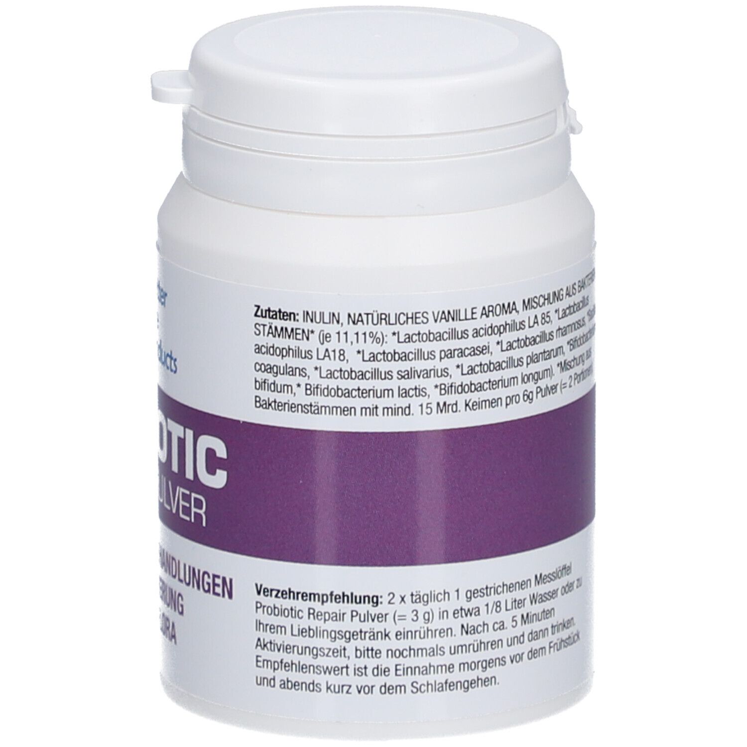 Weiße Dose mit Deckel. Aufschrift: Better Life Products, PROBIOTIC REPAIR PULVER. Lila Band mit Text. 60,0 g.