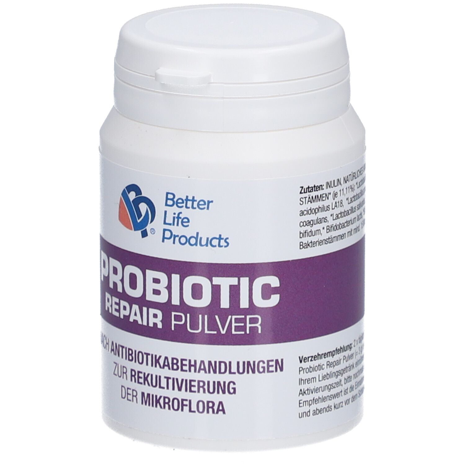 Weiße Dose mit Deckel. Aufschrift: Better Life Products, PROBIOTIC REPAIR PULVER. Lila Band mit Text.