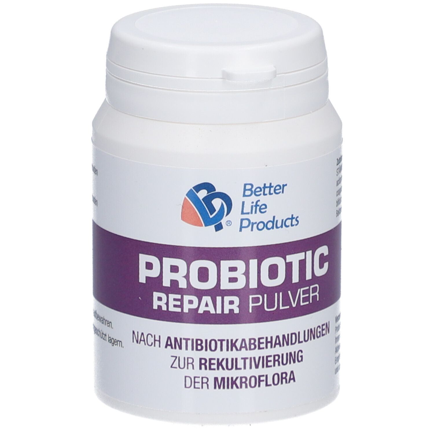 Weiße Dose mit Deckel. Aufschrift: Better Life Products, PROBIOTIC REPAIR PULVER. Lila Band mit Text.