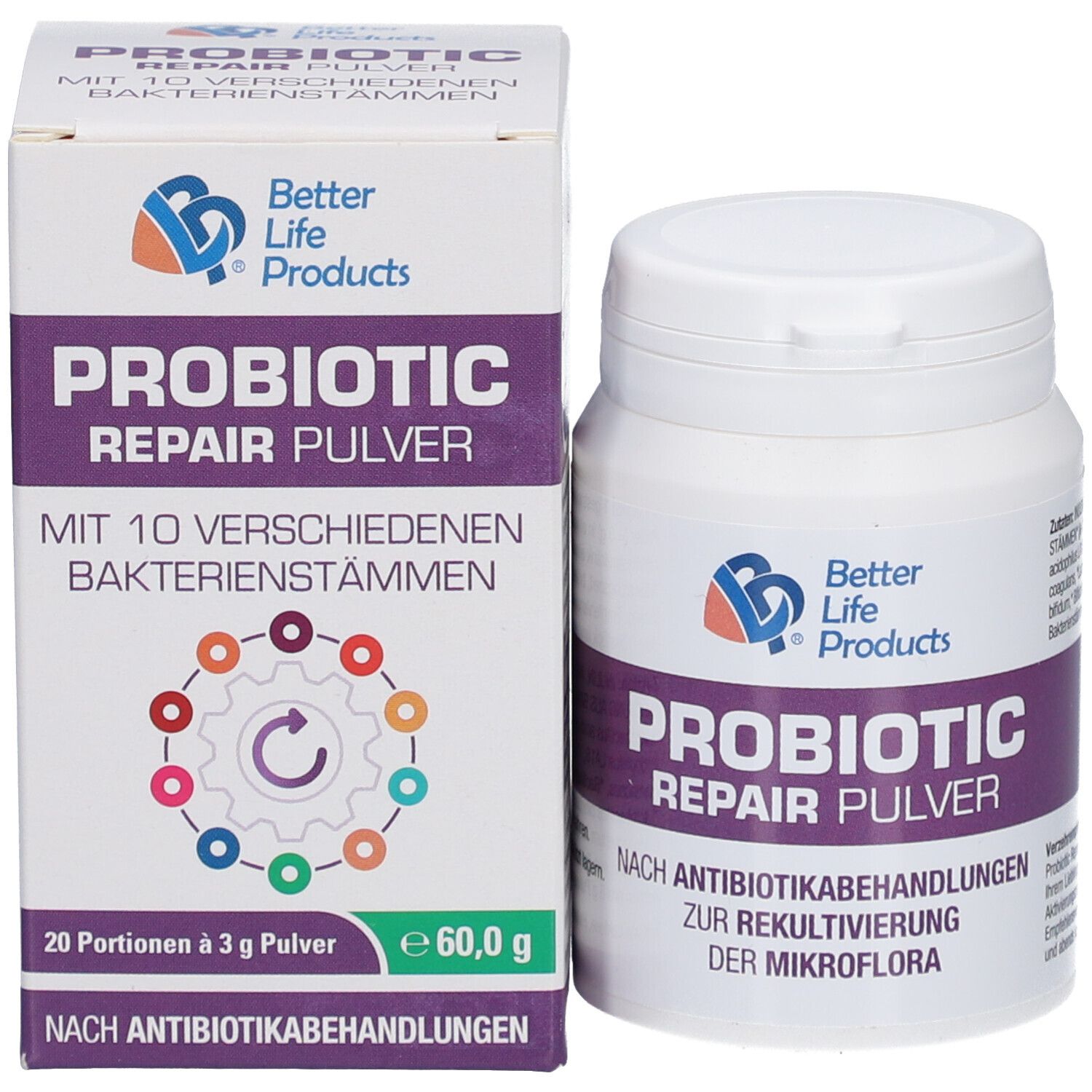 Produktverpackung und Dose. Aufschrift: Better Life Products, PROBIOTIC REPAIR PULVER. 20 Portionen à 3 g Pulver. 60,0 g.