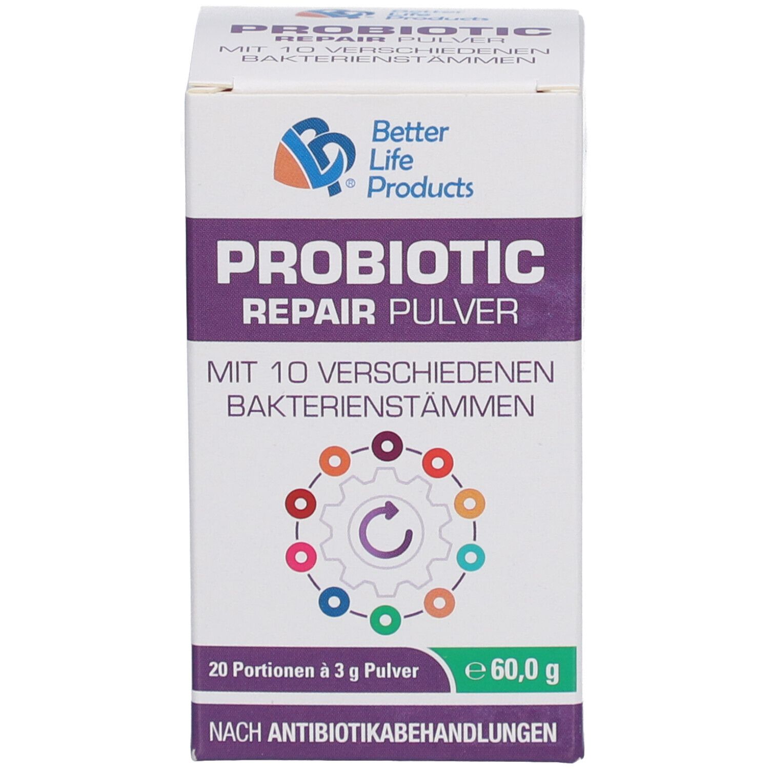 Produktverpackung. Aufschrift: Better Life Products, PROBIOTIC REPAIR PULVER. 20 Portionen à 3 g Pulver. 60,0 g.
