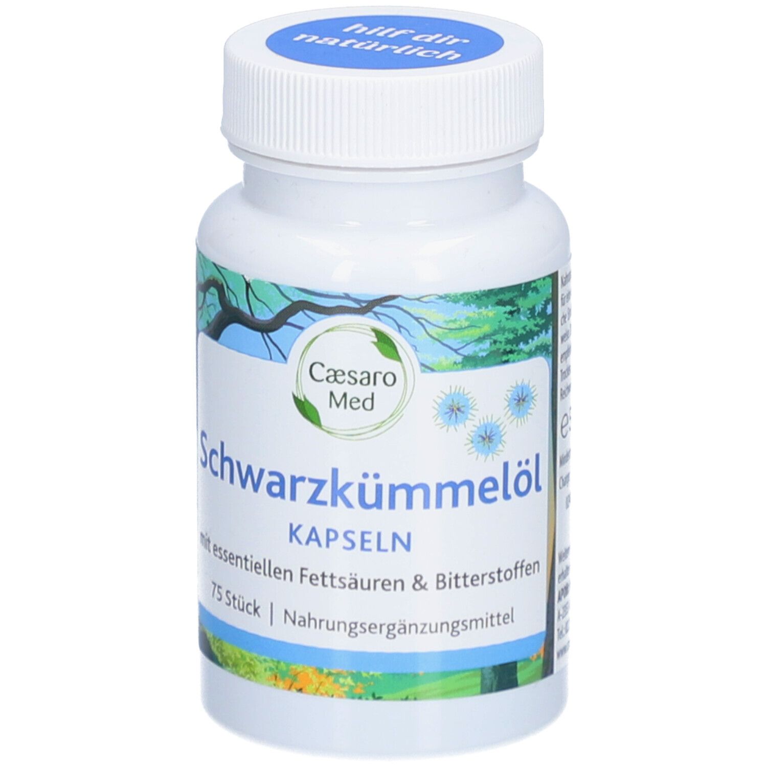 Weiße Flasche mit blauer Kappe. Aufschrift: Caesaro Med Schwarzkümmelöl Kapseln. 75 Stück. Nahrungsergänzungsmittel.