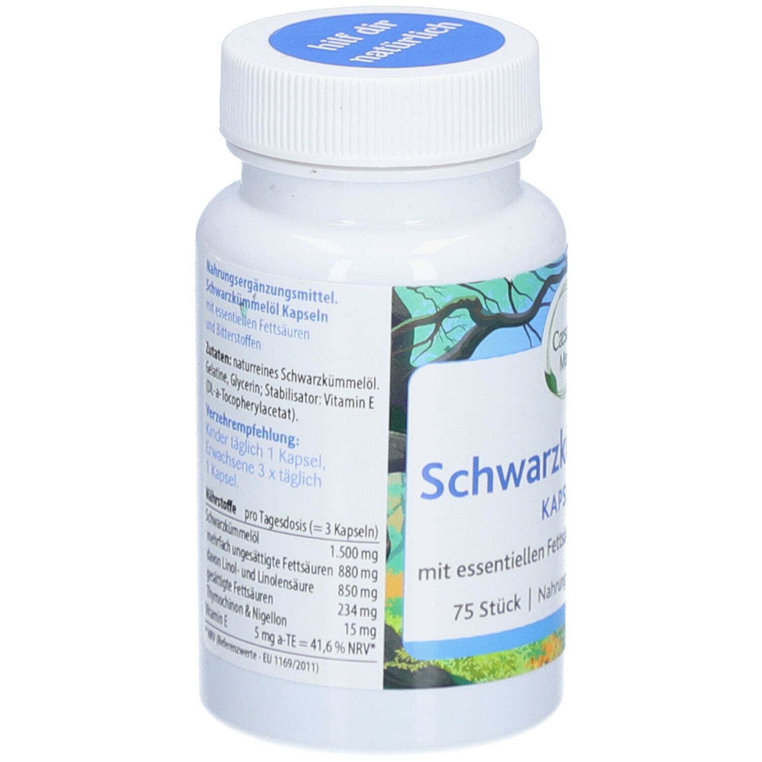 Weiße Flasche mit blauer Kappe. Aufschrift: Caesaro Med Schwarzkümmelöl Kapseln. Zutaten, Verzehrempfehlung, Nährstoffe pro Tagesdosis.