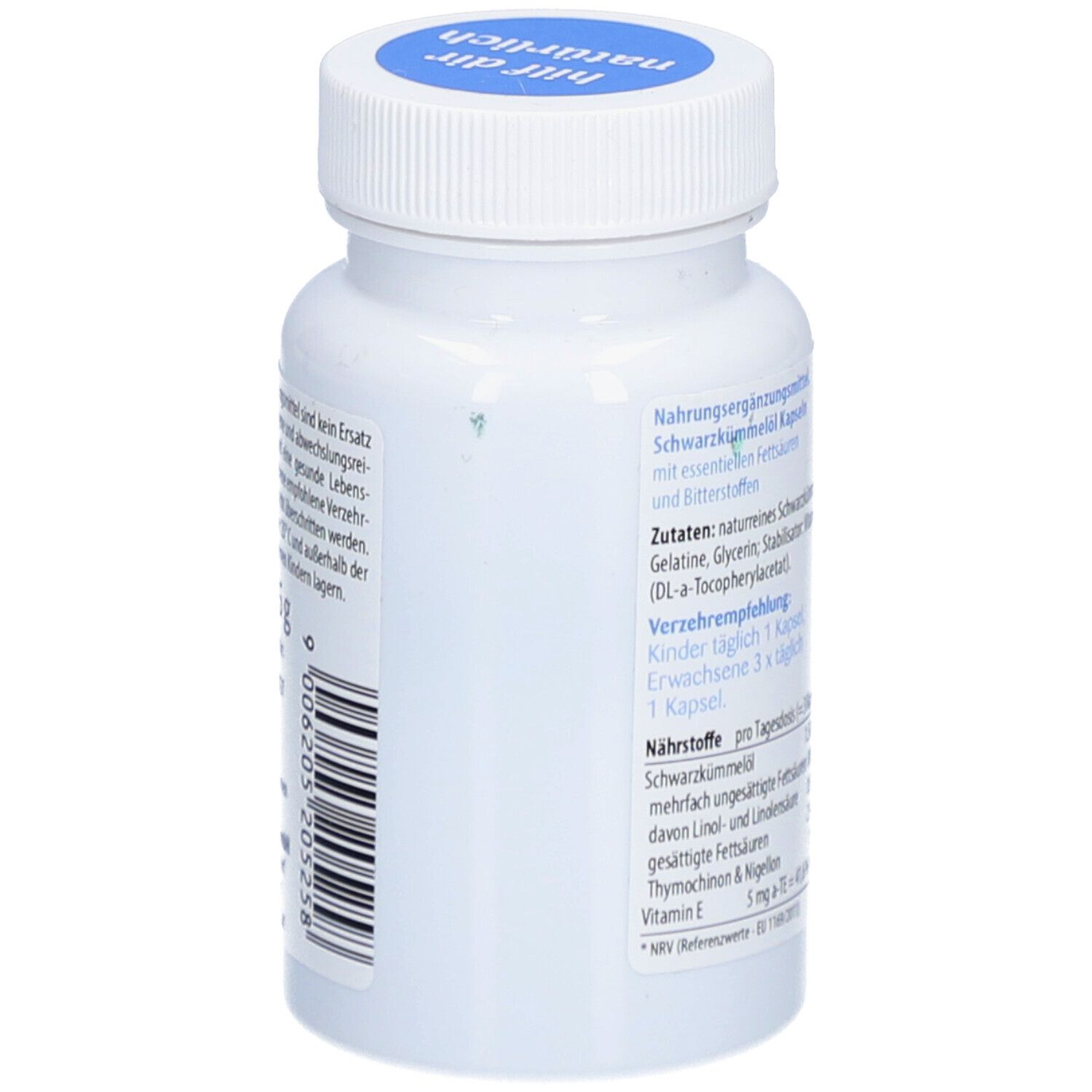 Weiße Flasche mit blauer Kappe. Aufschrift: Nahrungsergänzungsmittel. Zutaten, Verzehrempfehlung, Nährstoffe pro Tagesdosis.