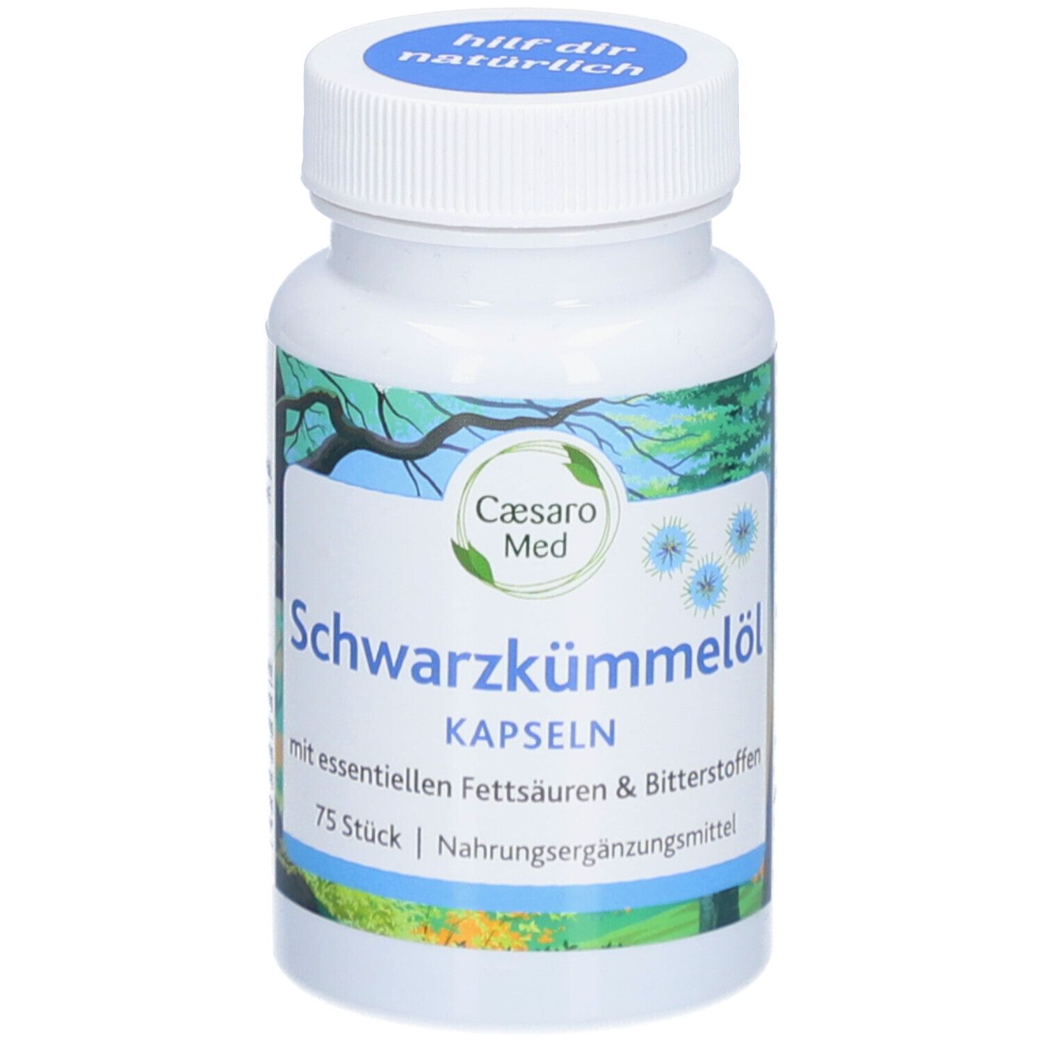 Weiße Flasche mit blauer Kappe. Aufschrift: Caesaro Med Schwarzkümmelöl Kapseln. 75 Stück. Nahrungsergänzungsmittel.