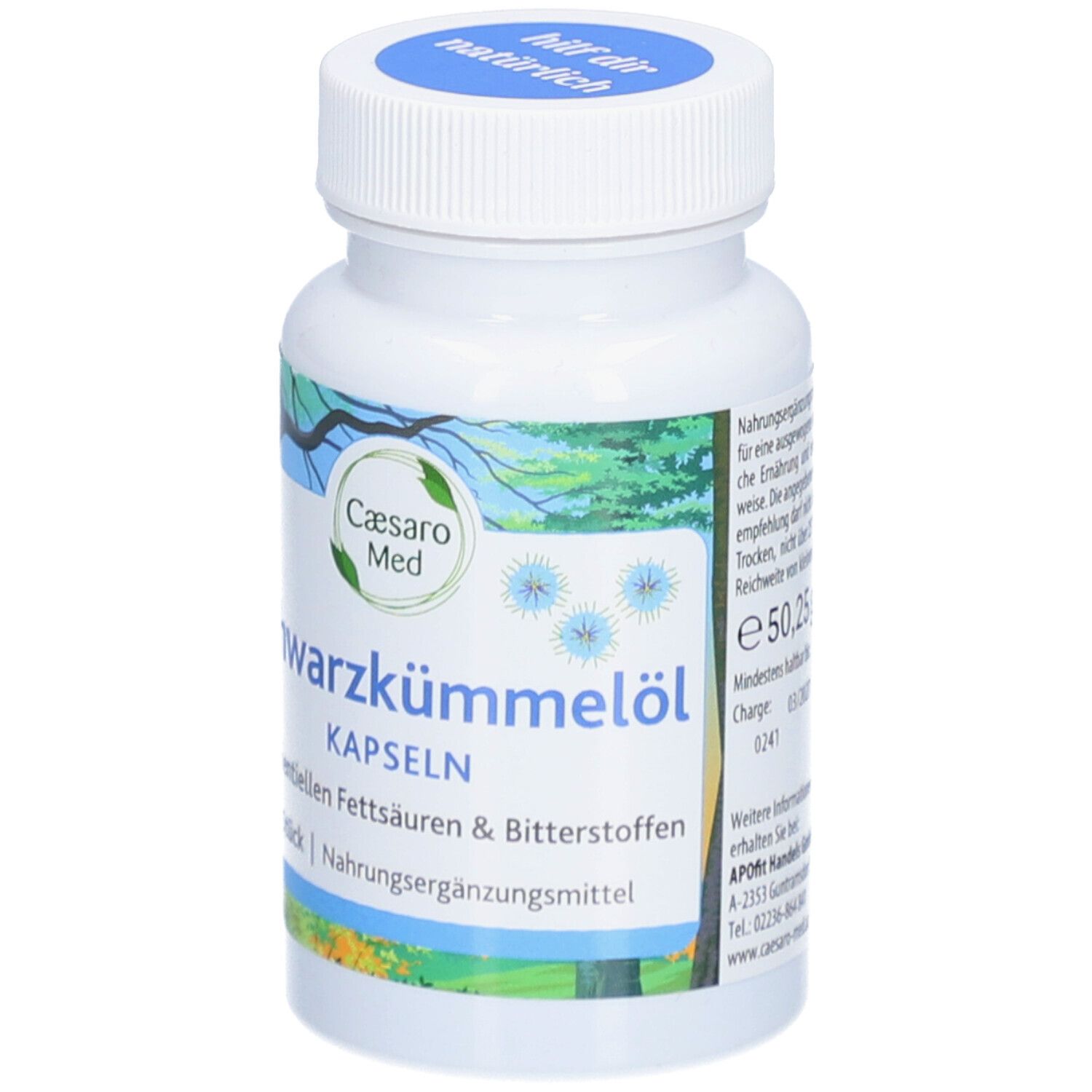 Weiße Flasche mit blauer Kappe. Aufschrift: Caesaro Med Schwarzkümmelöl Kapseln. 75 Stück. Nahrungsergänzungsmittel. Mindestens haltbar bis.