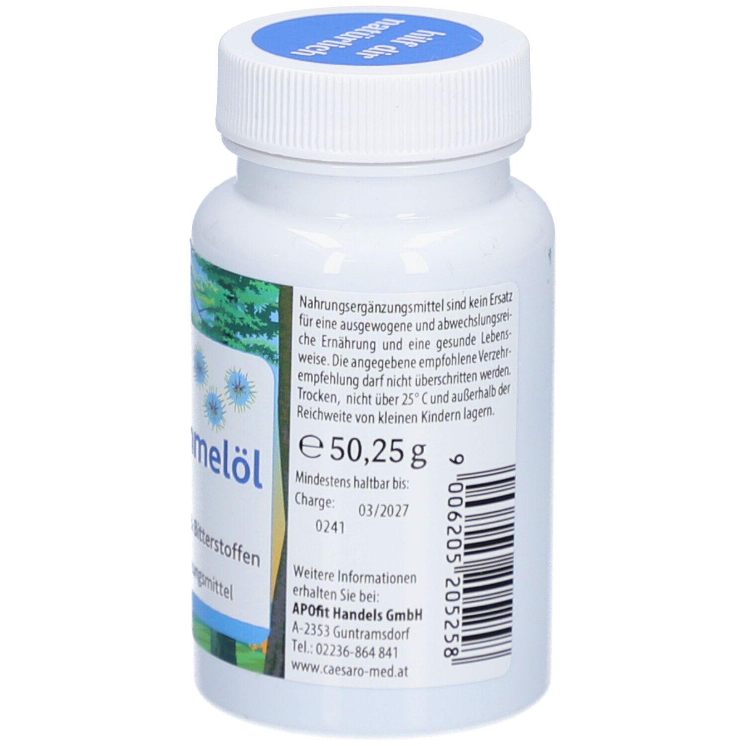 Weiße Flasche mit blauer Kappe. Aufschrift: Nahrungsergänzungsmittel. Mindestens haltbar bis. Gewicht: 50,25 g. Chargennummer.