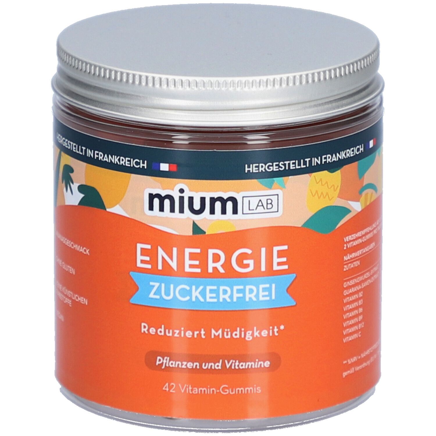Zylindrisches Glas mit silbernem Deckel. Aufschrift: miumLAB Energie Zuckerfrei. Orangefarbener Hintergrund mit Text und Illustrationen.