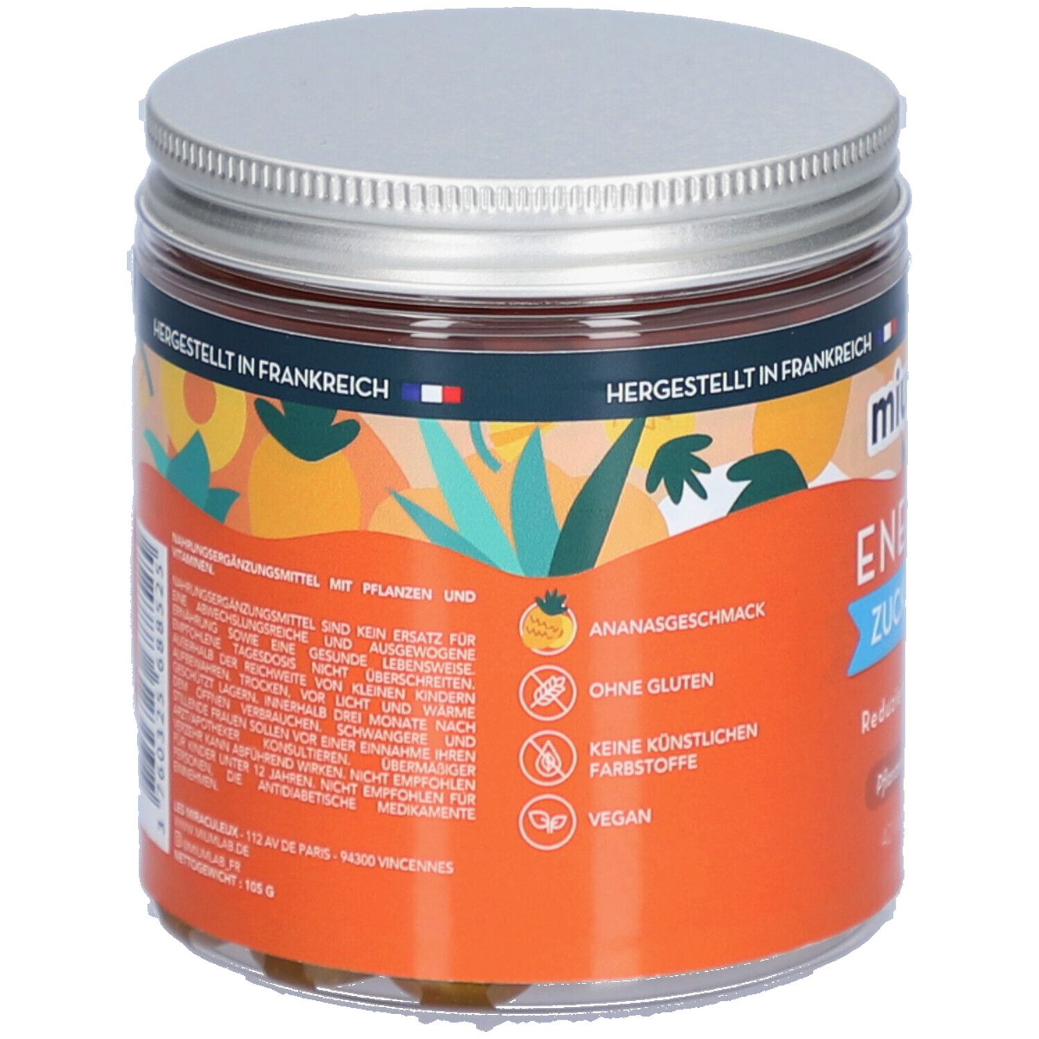 Zylindrisches Glas mit silbernem Deckel. Aufschrift: miumLAB Energie Zuckerfrei. Rückseite mit Text, Illustrationen und Logos.