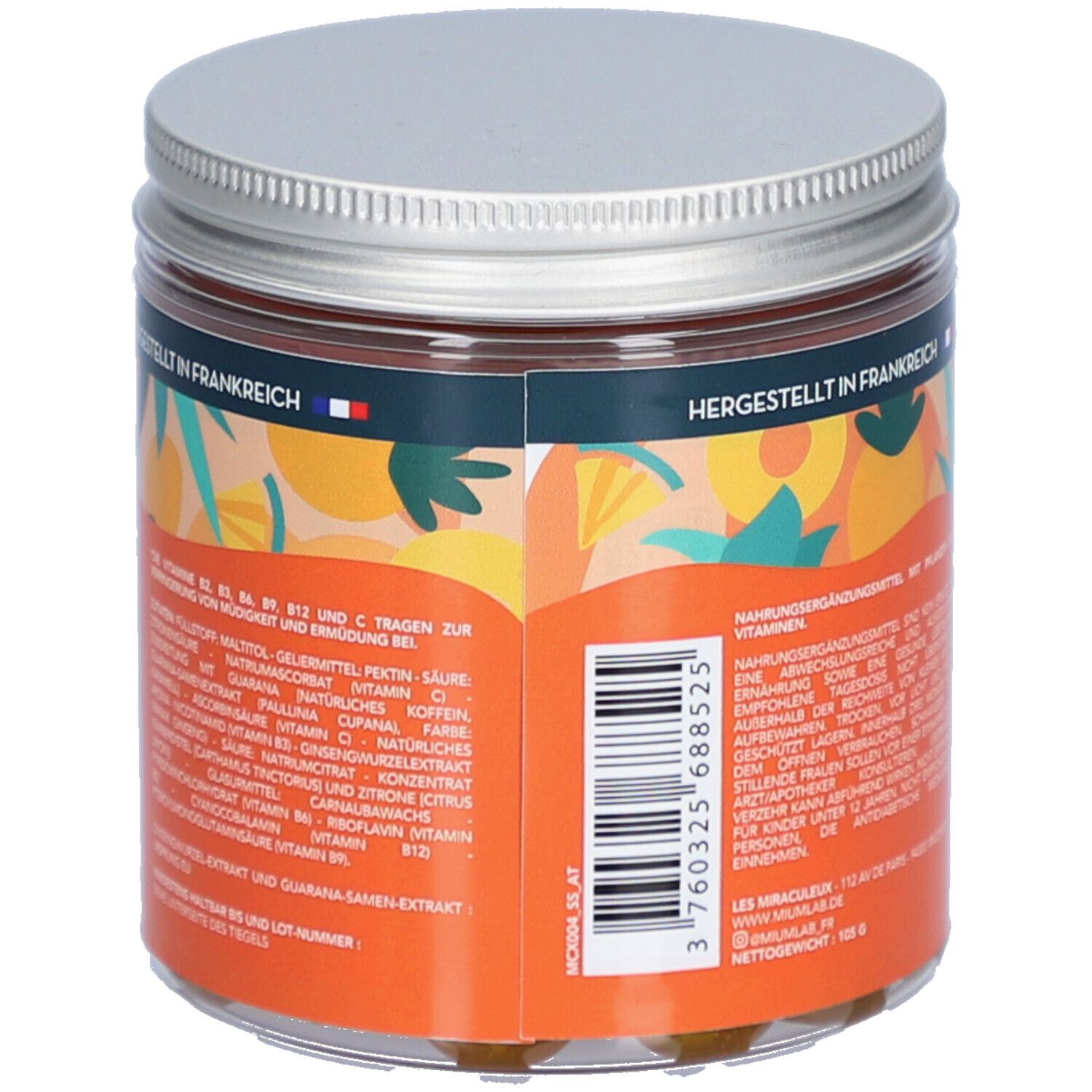 Zylindrisches Glas mit silbernem Deckel. Rückseite mit Text, Zutatenliste und Barcode. Orangefarbener Hintergrund.