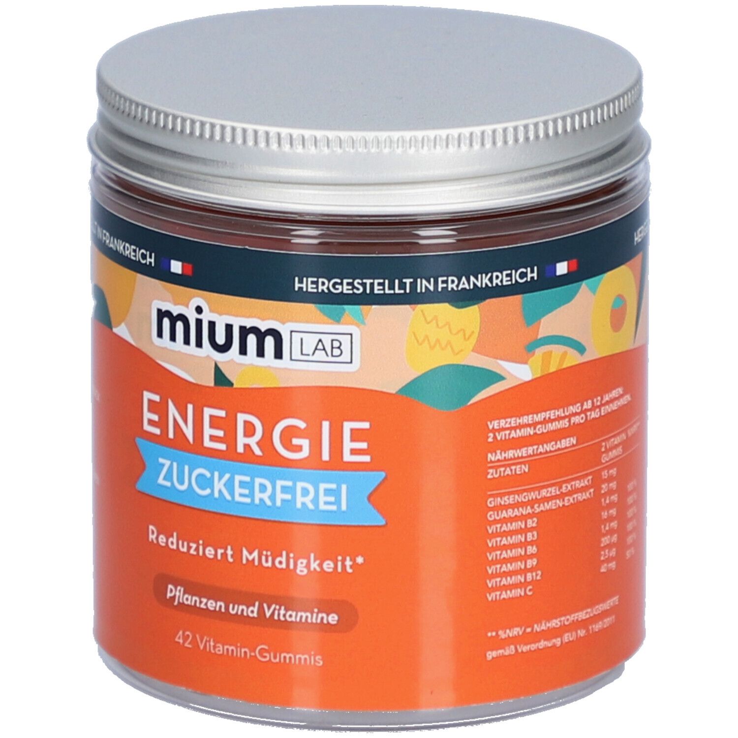 Zylindrisches Glas mit silbernem Deckel. Aufschrift: miumLAB Energie Zuckerfrei. Orangefarbener Hintergrund mit Text und Illustrationen.