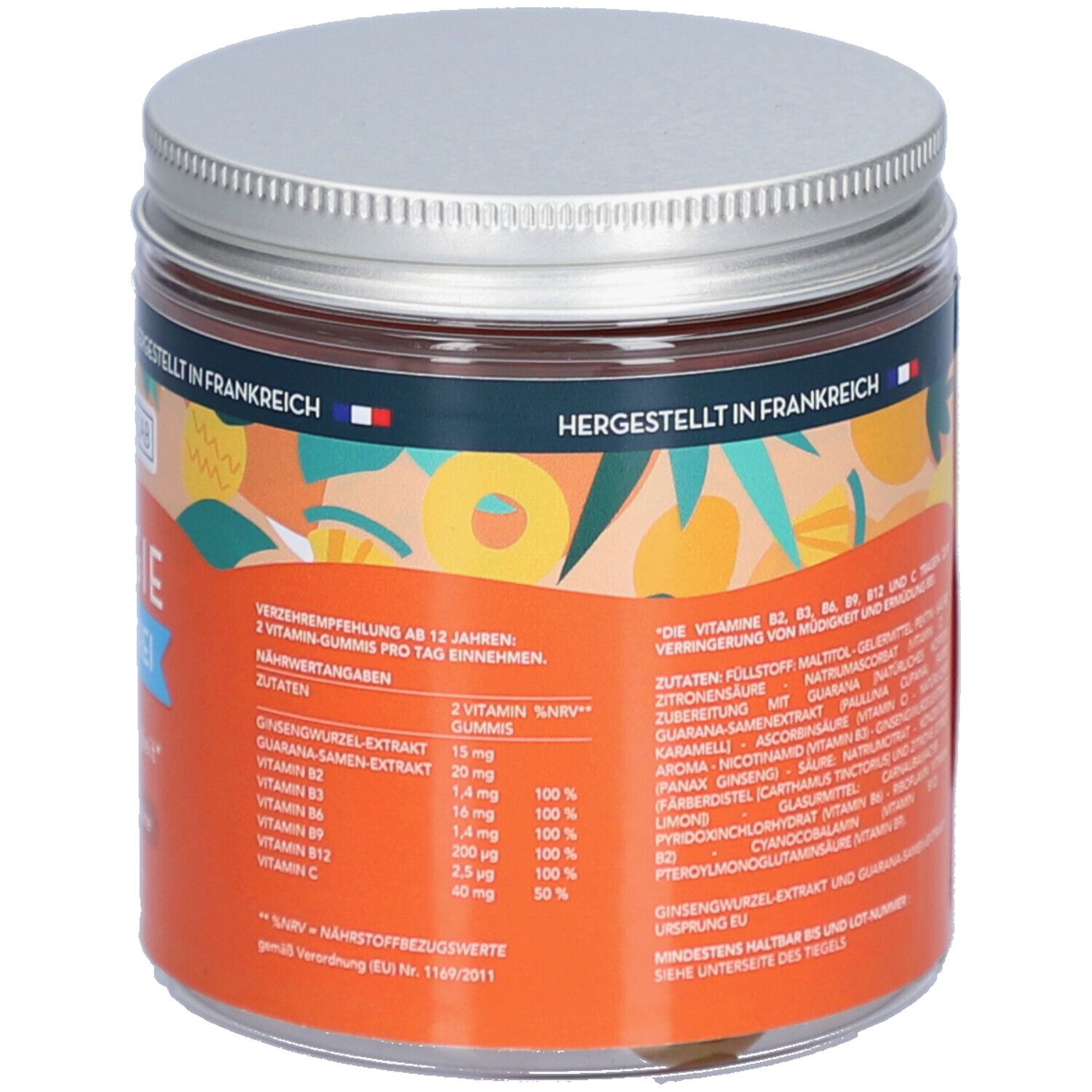 Zylindrisches Glas mit silbernem Deckel. Rückseite mit Text, Zutatenliste und Nährwertangaben. Orangefarbener Hintergrund.