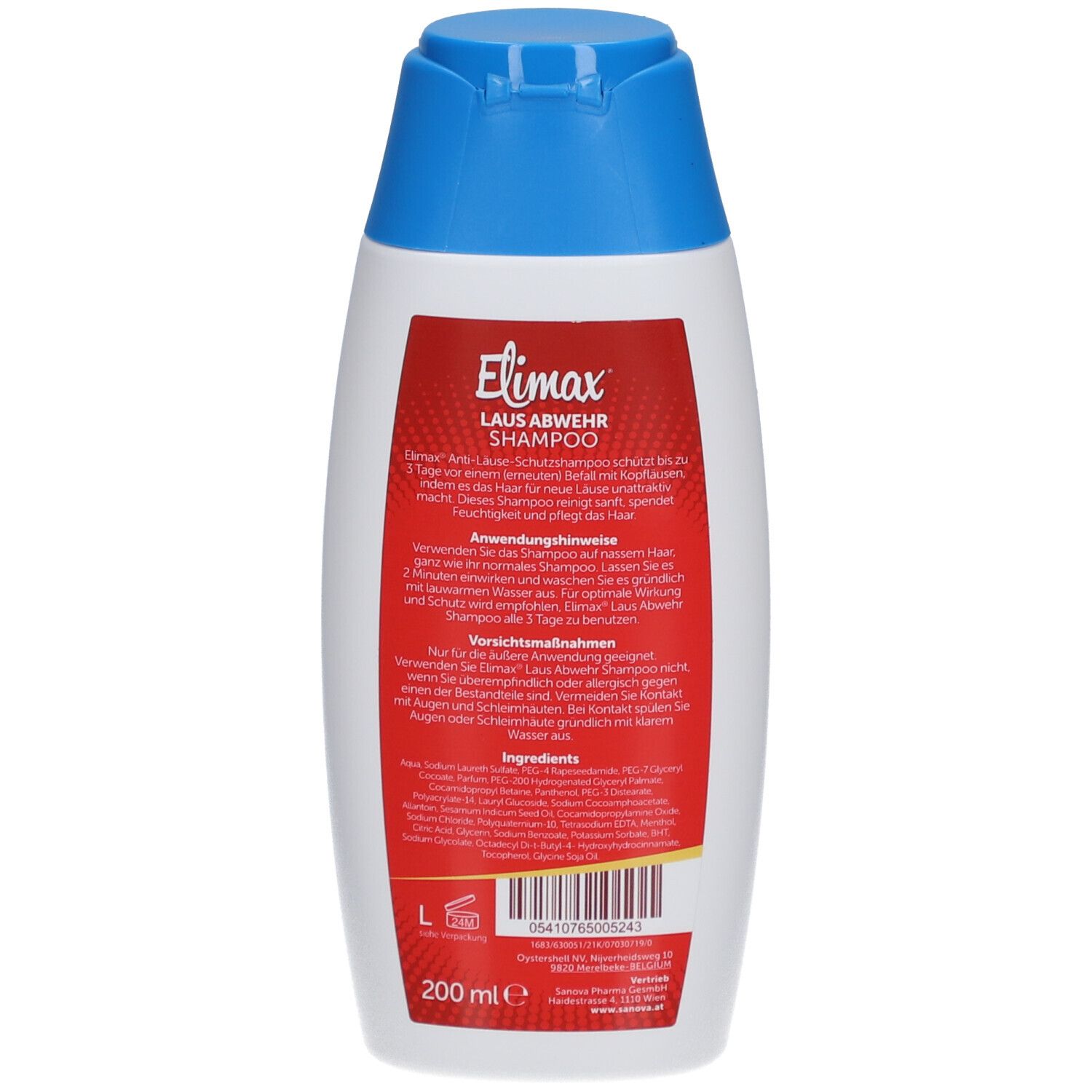 Rückseite der Elimax Laus Abwehr Shampoo Flasche. Weiß mit roter Beschriftung. Enthält Text und Barcode.