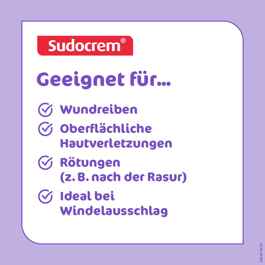 Infografik mit Text und Häkchen. Geeignet für: Wundreiben, oberflächliche Hautverletzungen, Rötungen, ideal bei Windelausschlag.