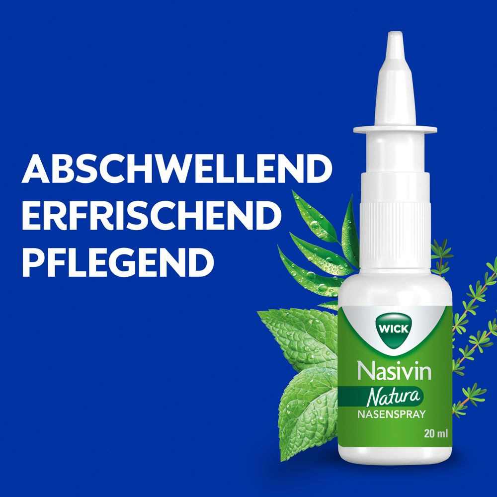 Nasenspray. Text: Abschwellend, erfrischend, pflegend. 20 ml.