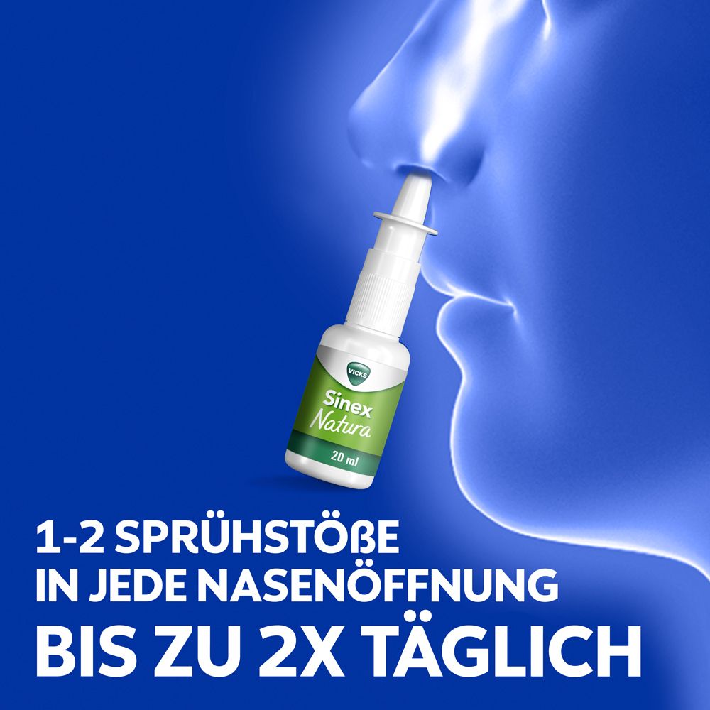 Nasenspray-Applikation. Text: 1-2 Sprühstöße in jede Nasenöffnung bis zu 2x täglich.
