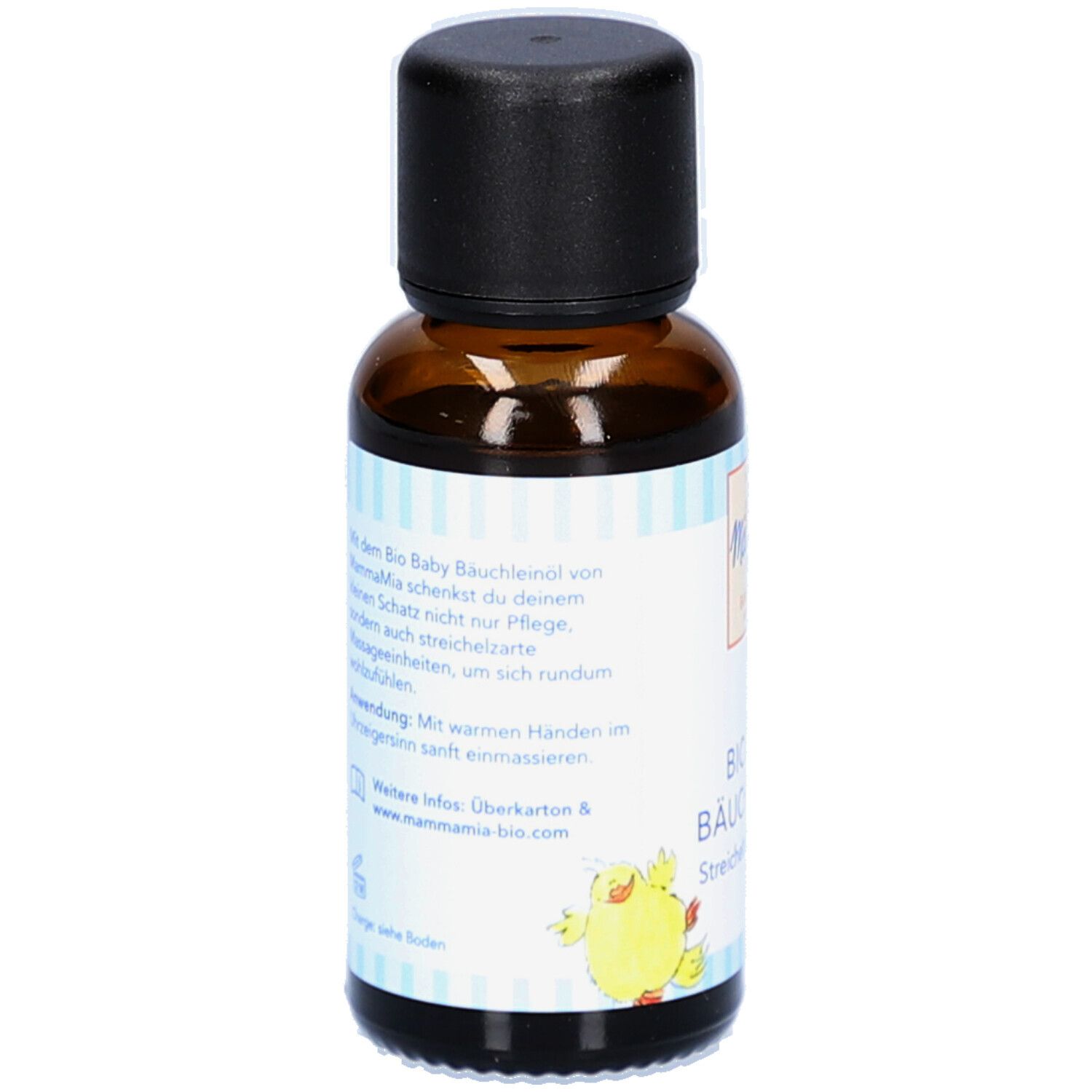 Braune Glasflasche mit schwarzem Deckel. Aufkleber mit Produktinformationen und Illustration.