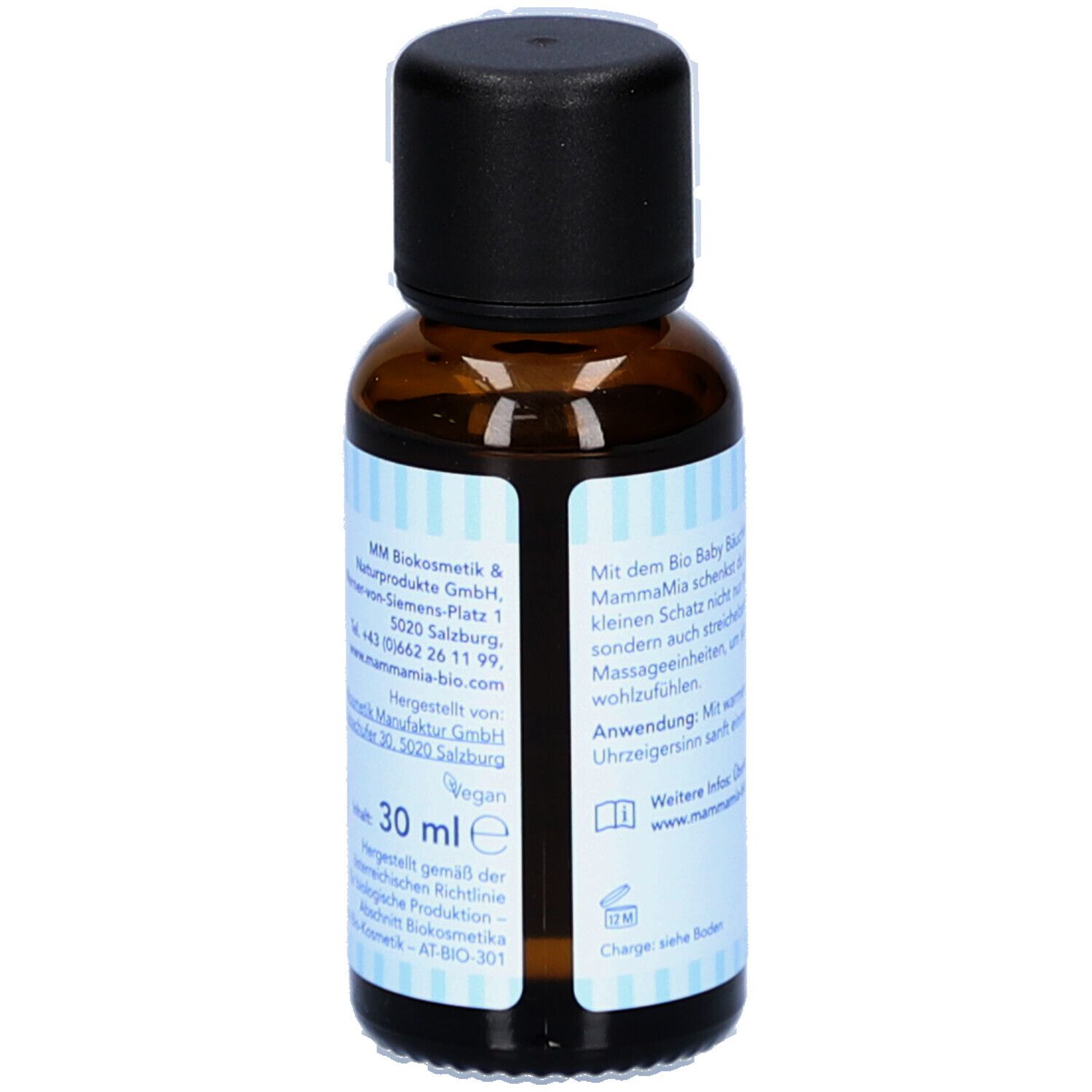 Braune Glasflasche mit schwarzem Deckel. Aufkleber mit Produktinformationen, Logo und Vegan-Siegel.