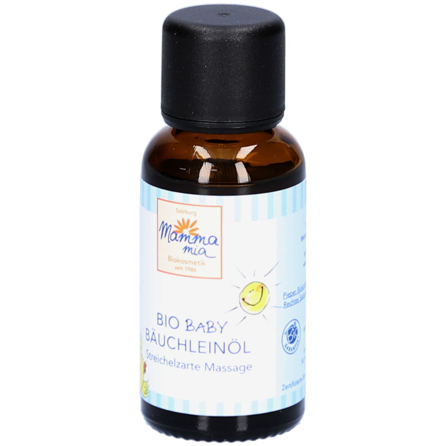 Braune Glasflasche mit schwarzem Deckel. Aufkleber mit Produktname, Logo und Illustration.