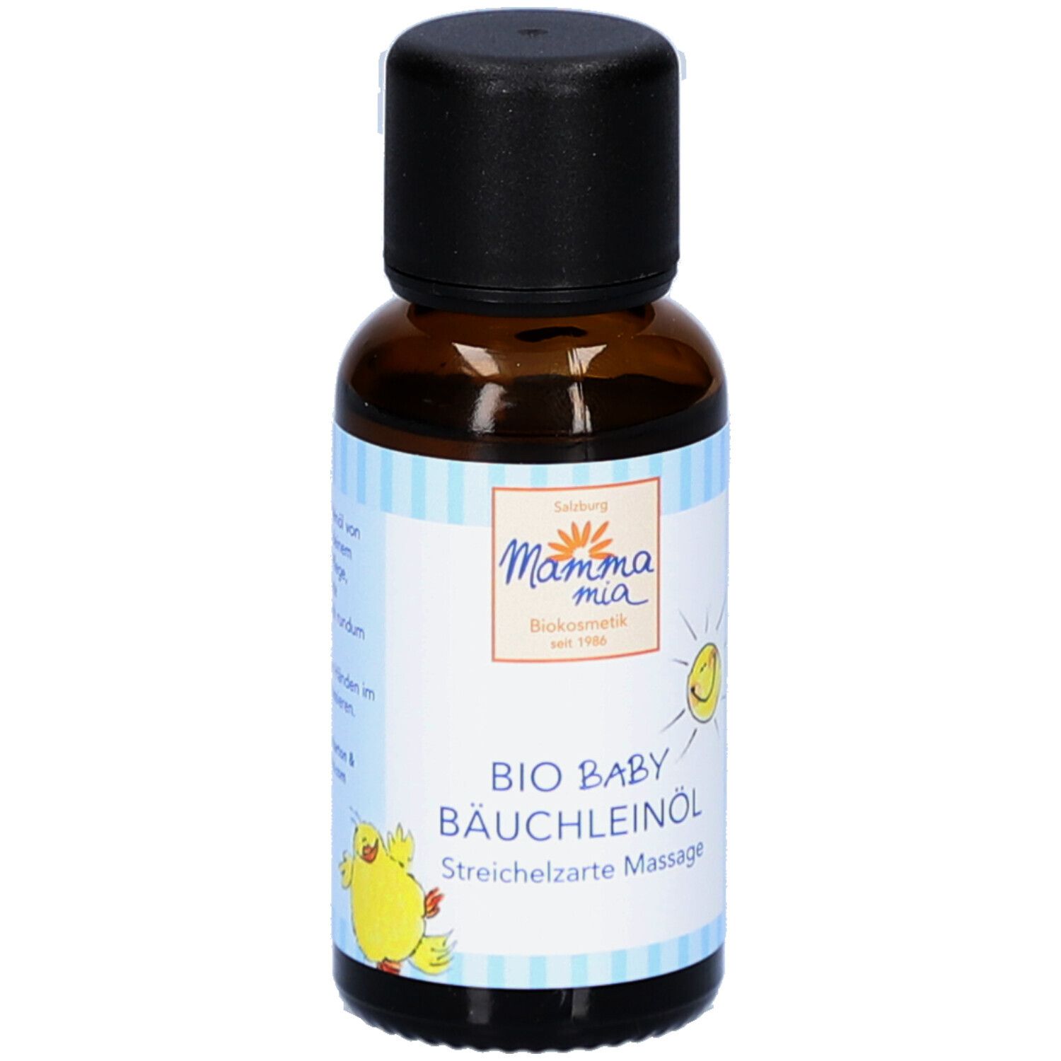 Braune Glasflasche mit schwarzem Deckel. Aufkleber mit Produktname, Logo und Illustration.